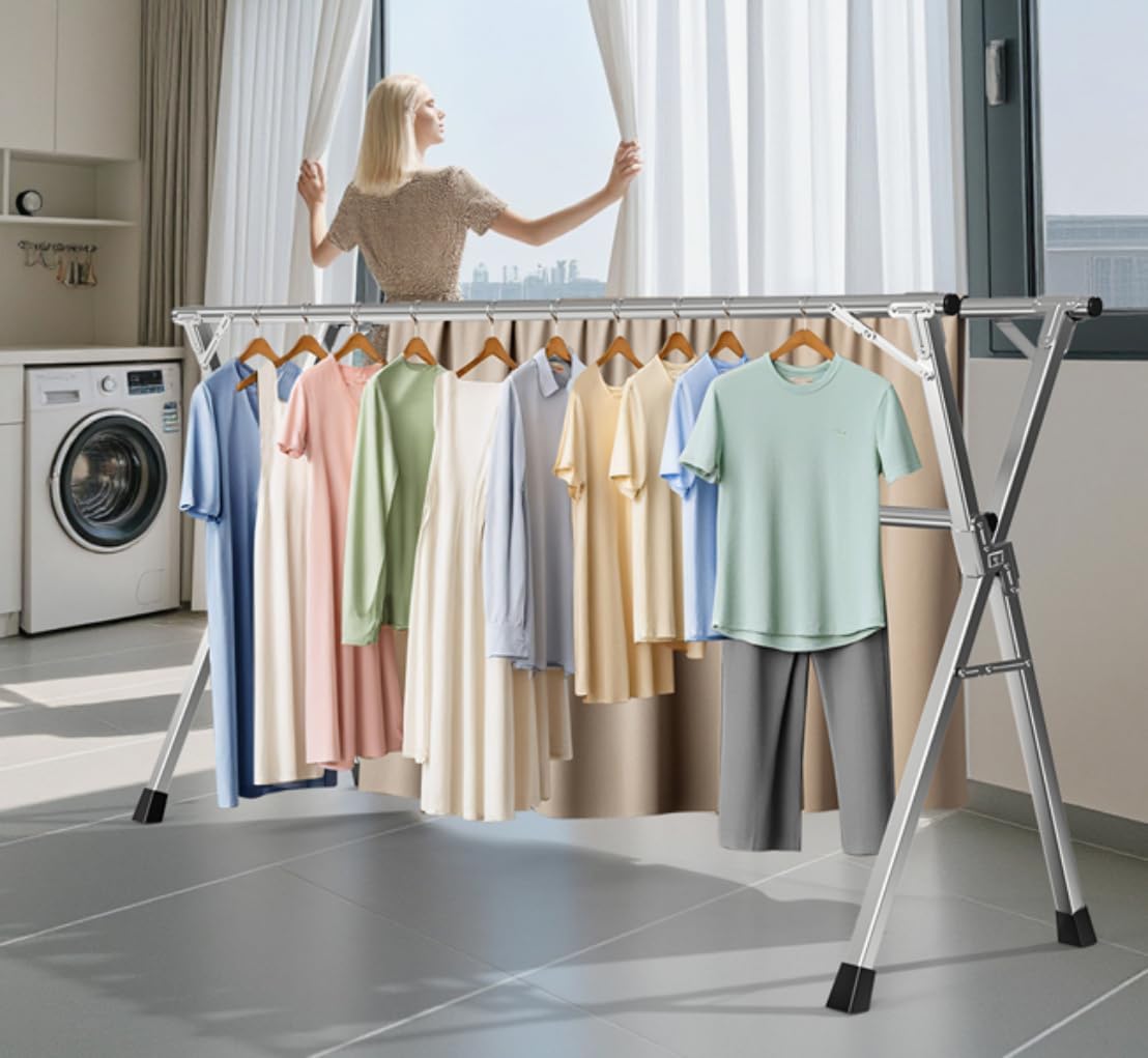 95 Inches Heavy - Duty Stainless Steel Folding Clothes Drying Rack Indoor Outdoor Anti-Rust 20 Windproof Hooks Portable & Foldable Laundry Rack (95'')