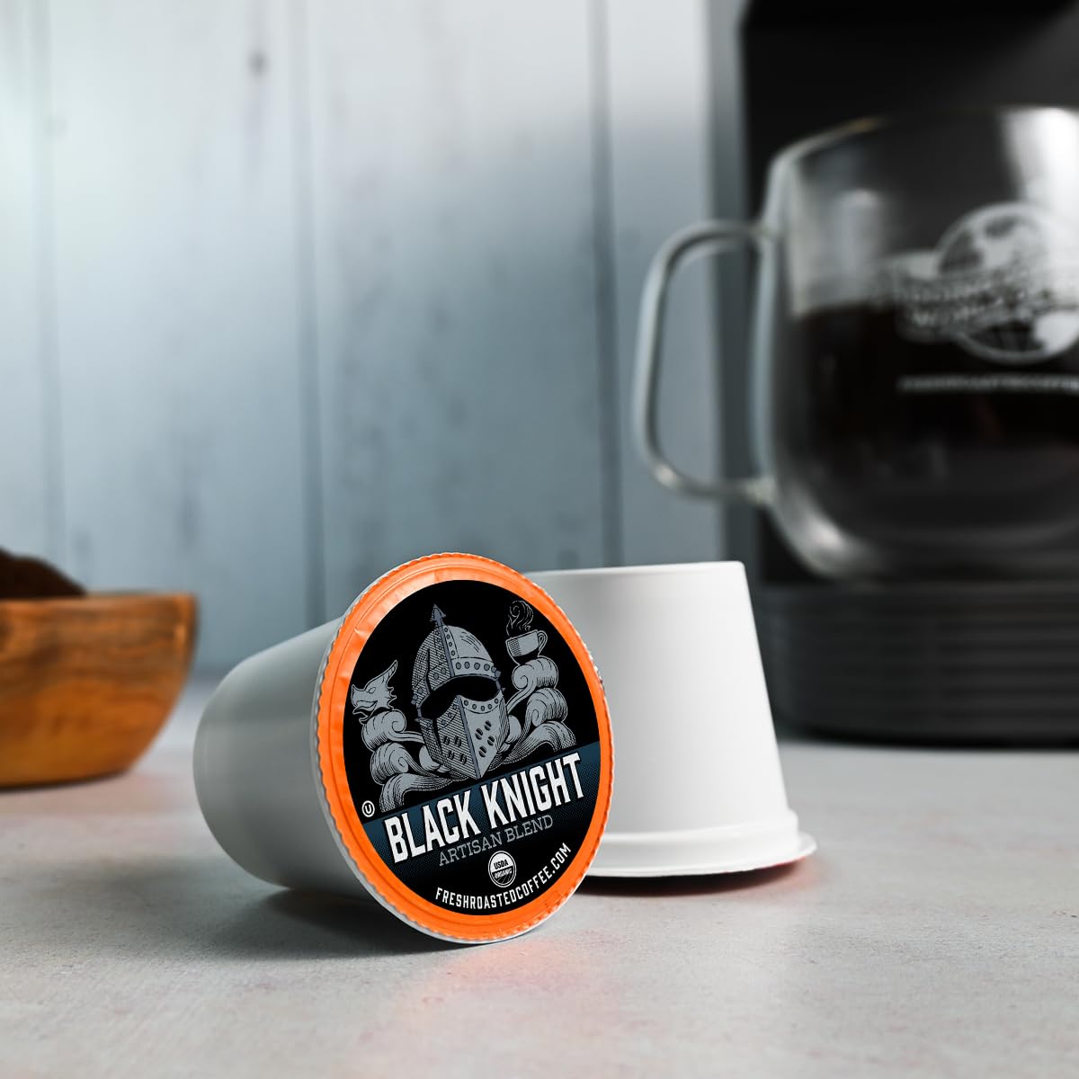Fresh Roasted Coffee, Organic Black Knight | USDA Organic, Kosher | Dark Roast 96 Pods for K Cup Brewers