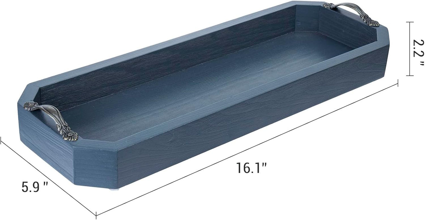 MyGift 16 Inch Modern Blue Toilet Tank Tray, Bathroom Sink Counter Solid Wood Octagonal Organizer with Gold Tone Metal Handles, Wooden Vanity Storage Decor