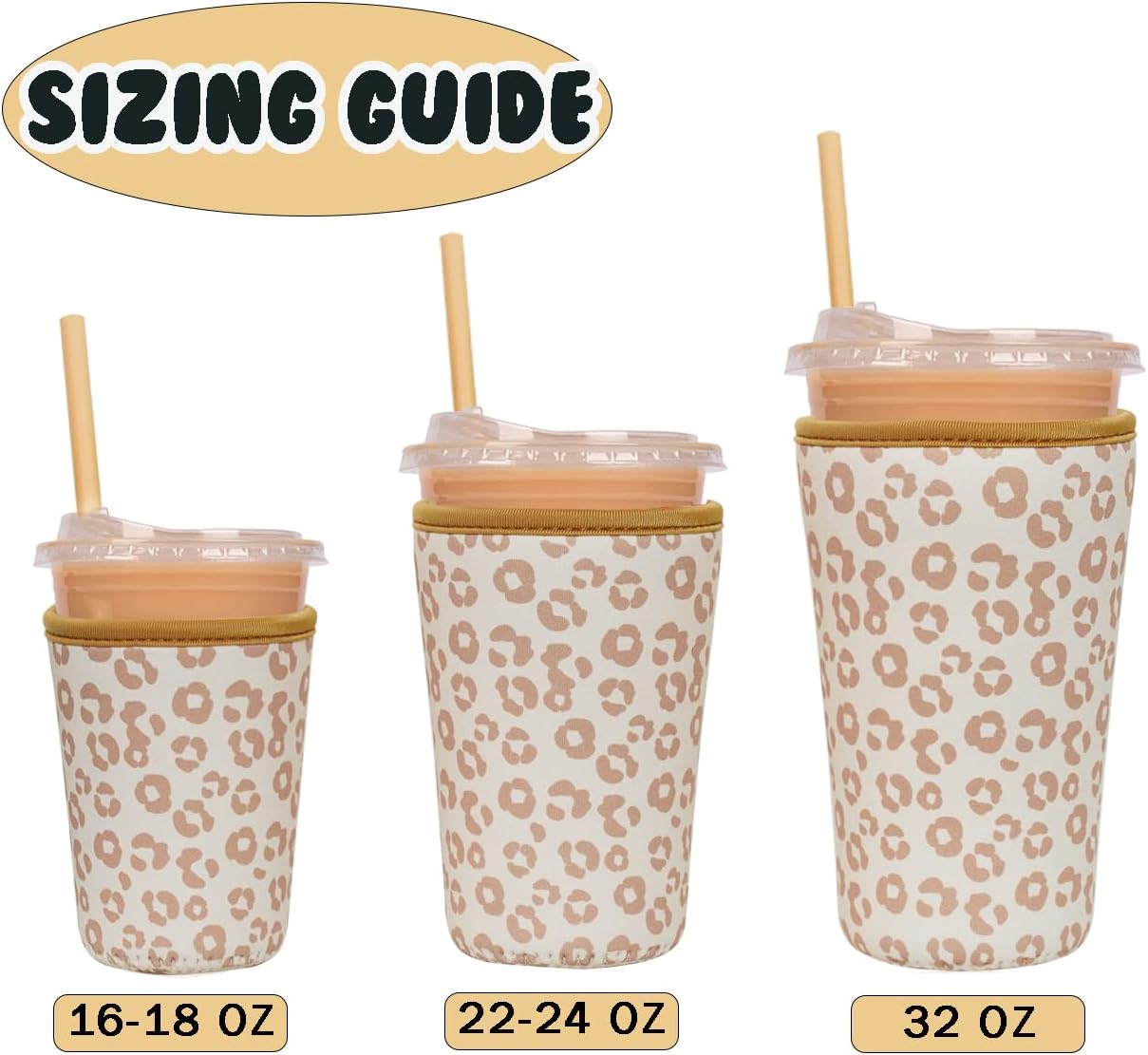 Reusable Insulated Neoprene Iced Coffee Cup Sleeve, Durable Drink Sleeve for Cold Beverages, Beverage Holder for Iced Coffee, Leopard Grace