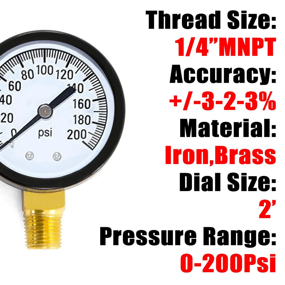 1/4" NPT 200Psi Steel Economical All Purpose Pressure Gauge with Brass Internals 2" Dial Display Bottom Mount