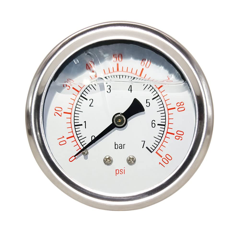 Pressure Gauge 1/4" NPT 0-100Psi Glycerin Filled 2 1/2 inch Dial 304 Stainless Steel Case Center Back Mount