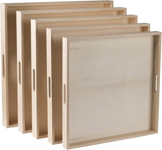 Hammont Wooden Square Trays - Five Piece Nested Serving & Organizing Trays - Rustic Brown Solid Wood - Set of 5 (16x16x1.5", 15.3x15.3x1.5", 14.5x14.5x1.4", 13.75x13.75x1.25", 13x13x1.1")