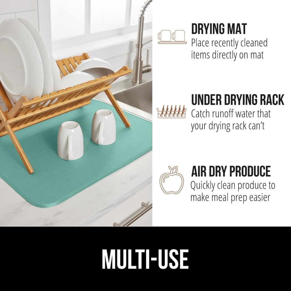 GORILLA GRIP Ultra Water Absorbent Microfiber Dish Drying Mat, Quick Dry Thick Mesh, Slip Resistant Pad for Sink Dishes or Under Rack, Kitchen Counter Accessories, 16x18, Machine Wash, 2 Pack Mint