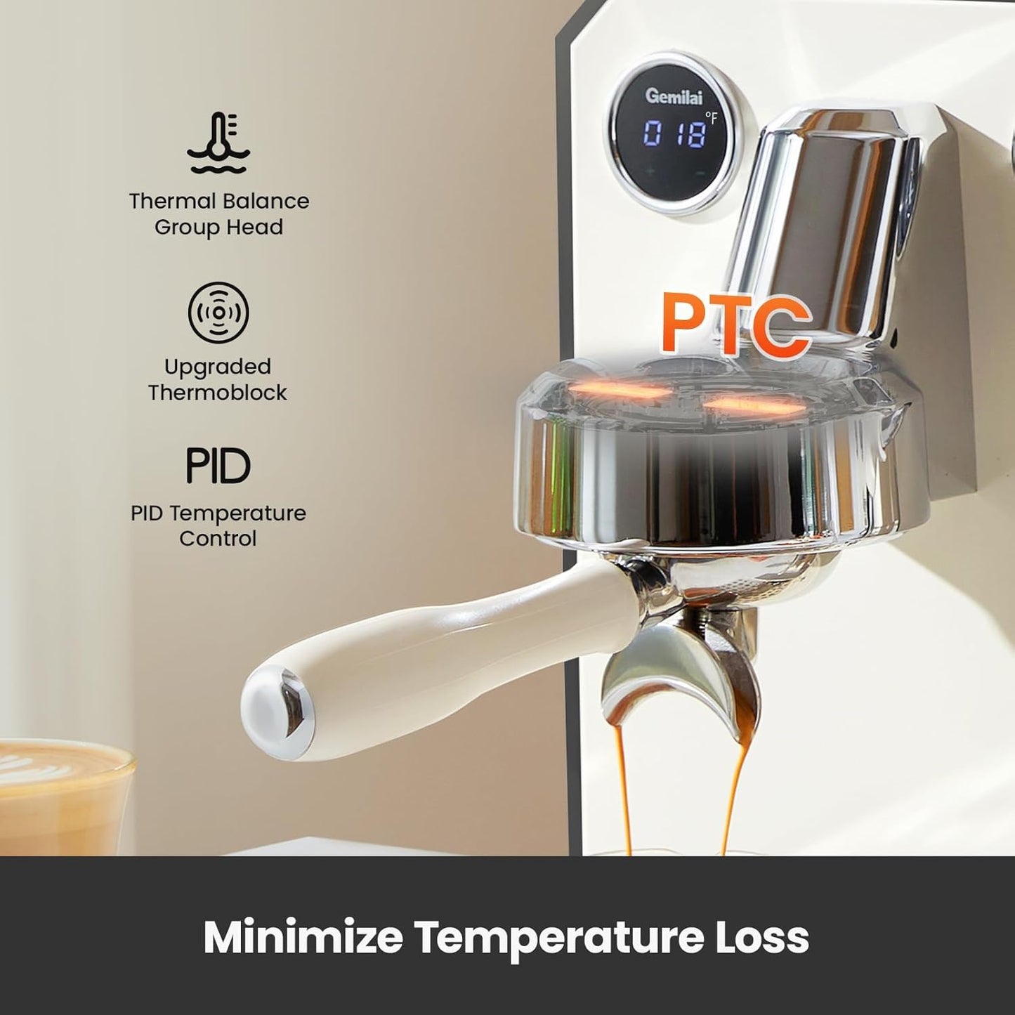 Owl Espresso Machine, 15 Bar Professional Semi-Automatic Espresso Maker with Milk Frother Steam Wand, 57oz Removable Water Tank, Dual Display, for Cappuccino, Latte at home, G3006, Ivory White