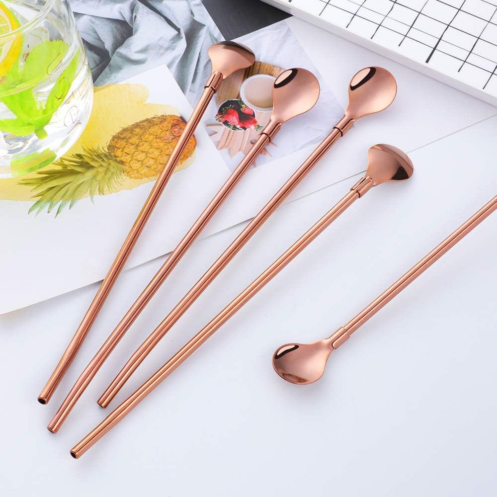 AmazonBasics 8PC 8.5Inch Stainless Steel Rose Gold Reusable Metal Straws + 2 Brushes