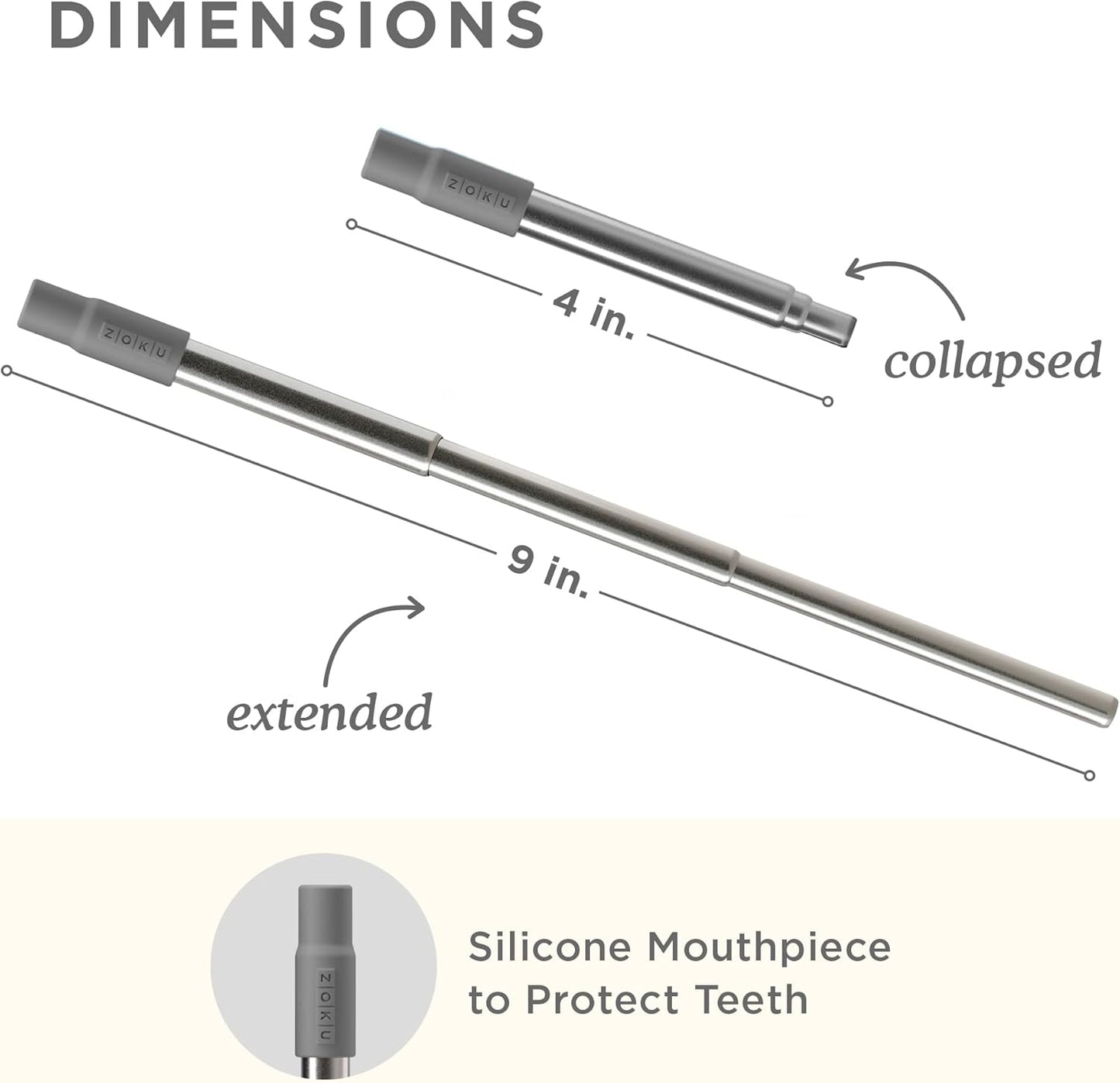 ZOKU Reusable Metal Straw with Case for Travel, Grey - Collapsible Stainless Steel Drinking Straw with Silicone Tip and Cleaner Brush, Ideal for Key Chains, Pockets, Purses