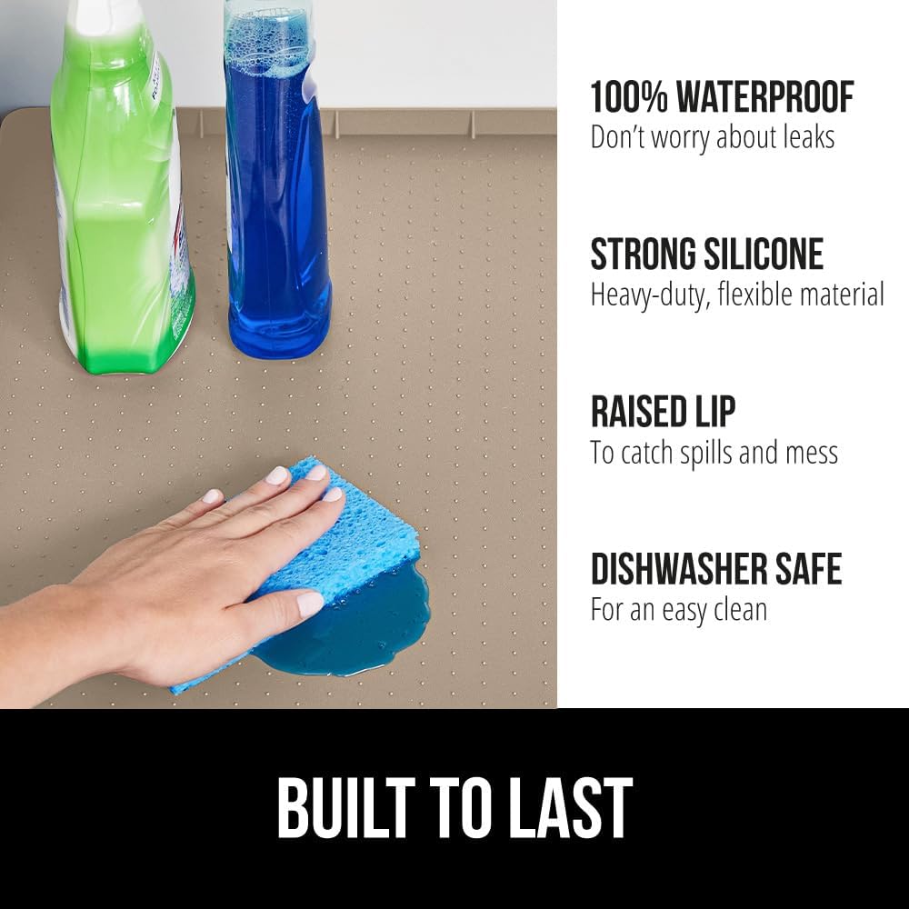 GORILLA GRIP Waterproof Silicone Under Sink Mat with Raised Lip for Kitchen and Bathroom, Cabinet Shelf Liner Stay in Place Mats Dishwasher Safe Drawer Liner, Organizer Tray, 15 x 22 in, Beige