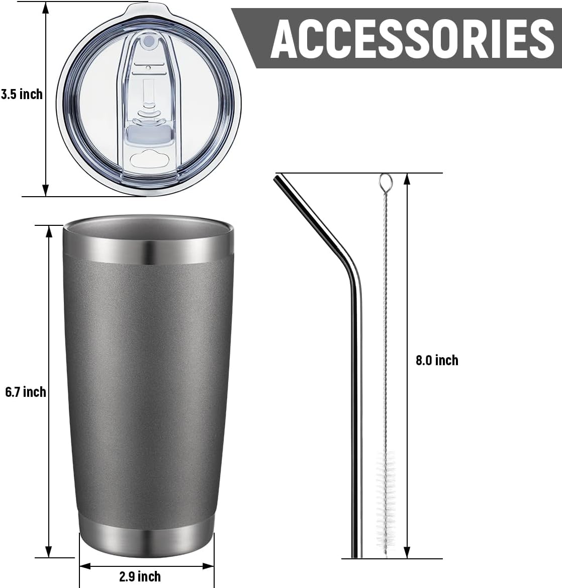 COMOOO 20oz Double Wall Vacuum Insulated Travel Mug, Stainless Steel Tumbler with Lid and Straw Durable Powder Coated Insulated Coffee Cup for Cold & Hot Drinks (Grey. 2 pack