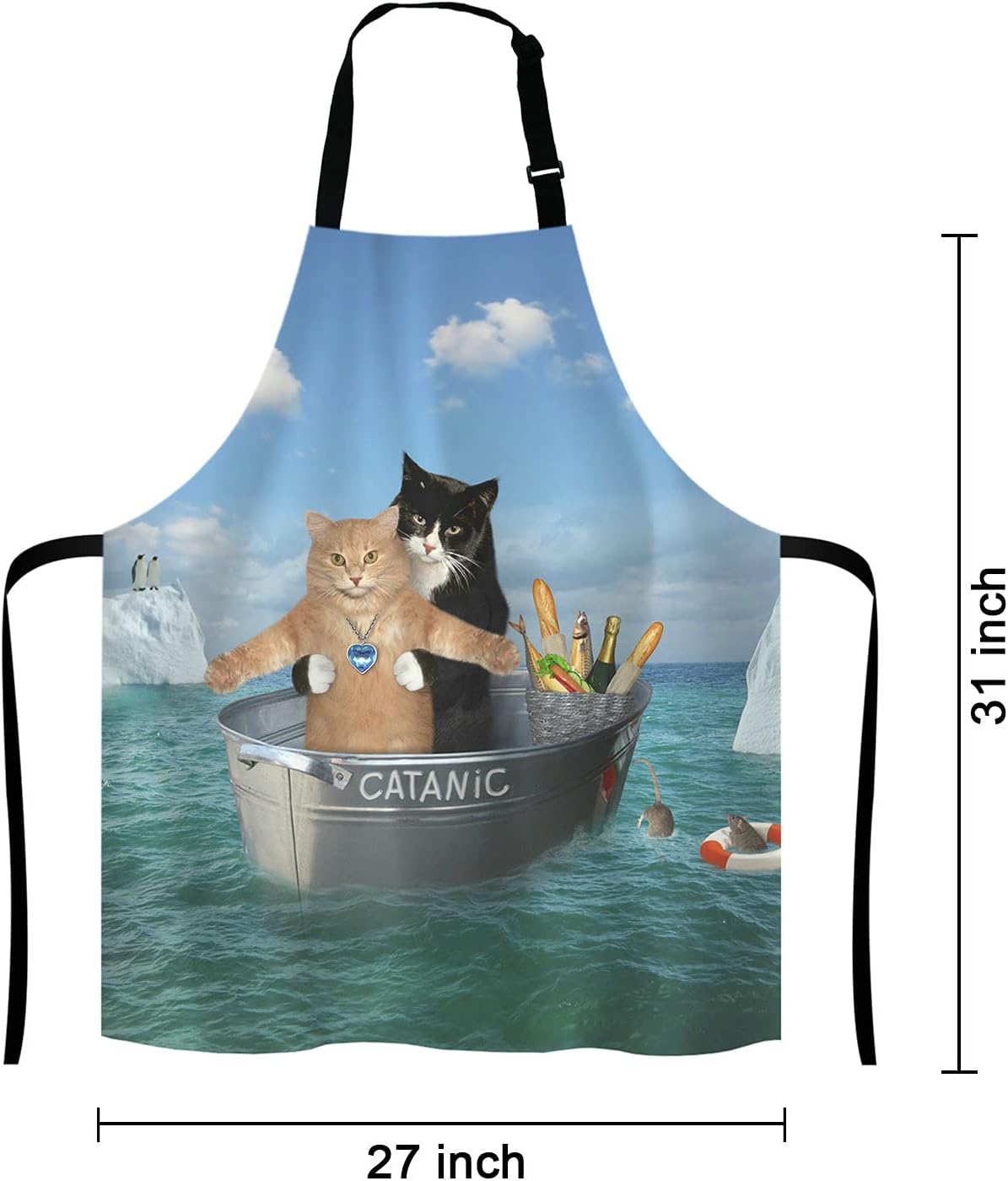Funny Cats Adjustable Bib Apron, The two brave cats are drifting in the steel Cooking Kitchen Apron for Men Women