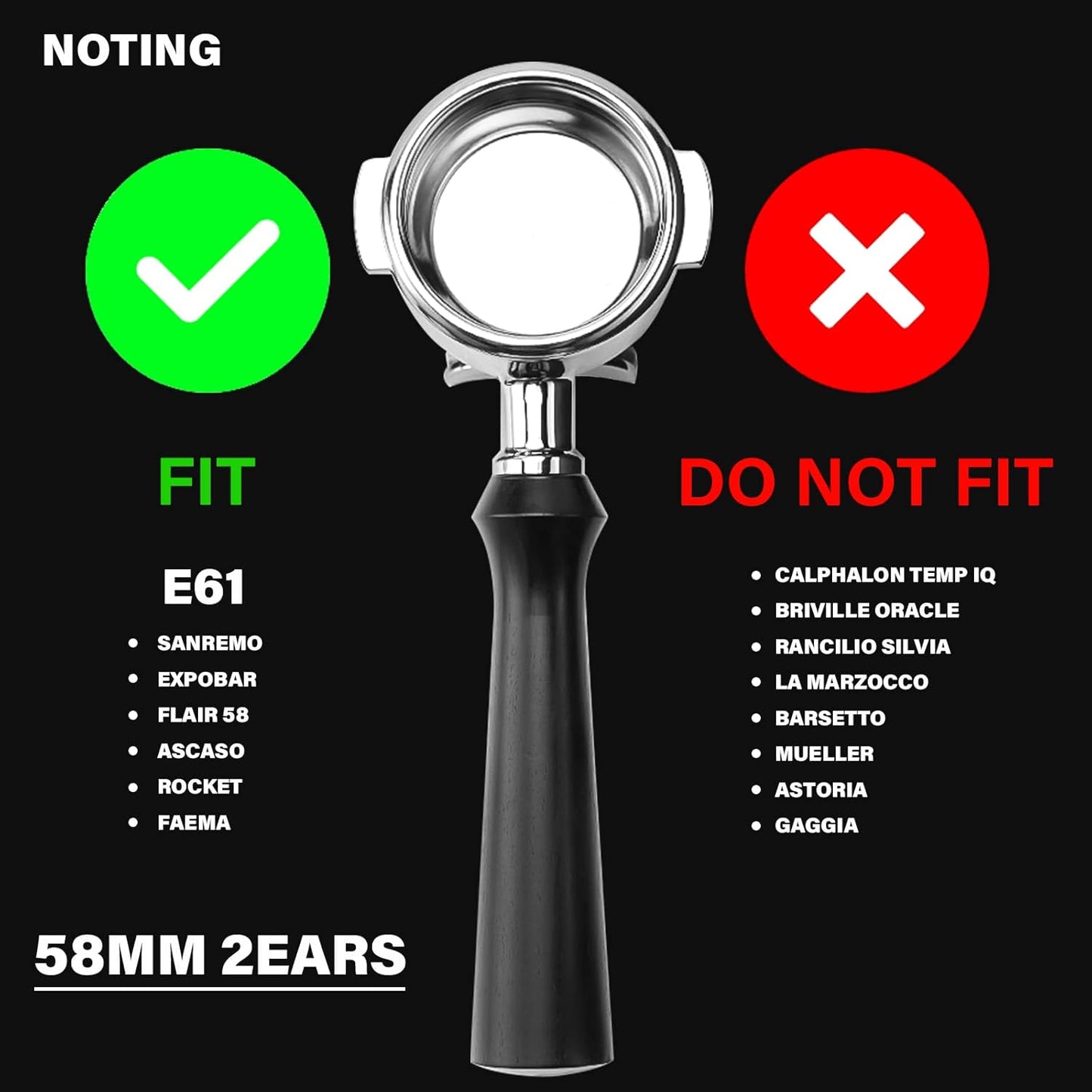 58mm Espresso Double Spouts Portafilter with 2 Ear | Fits E61 | Flair/Rocket/Sanremo/Expobar etc. | Stainless Steel Basket and Solid Wood Handle | Espresso Accessories