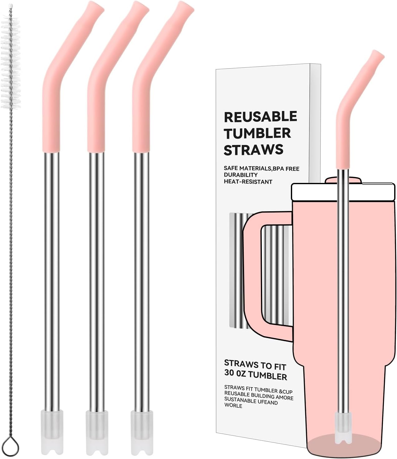 Reusable Metal Straws with Silicone Tip for Stanley 30oz,Stainless Steel Drinking Straws for 30oz Tumbler,3 Straight Tubes & 6 Tips& 1 Cleanr Brush (Rose Quartz)