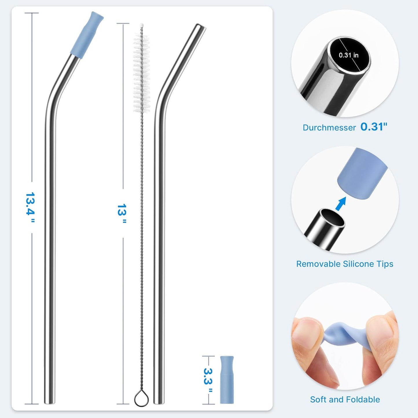 2 Pcs Stainless Steel Straw with Silicone Tips for 40 oz Stanley Tumbler, Repeatable 40 oz Metal Straws for Stanley Adventure Quencher Travel Tumbler Cup, BPA Free（Light Blue）