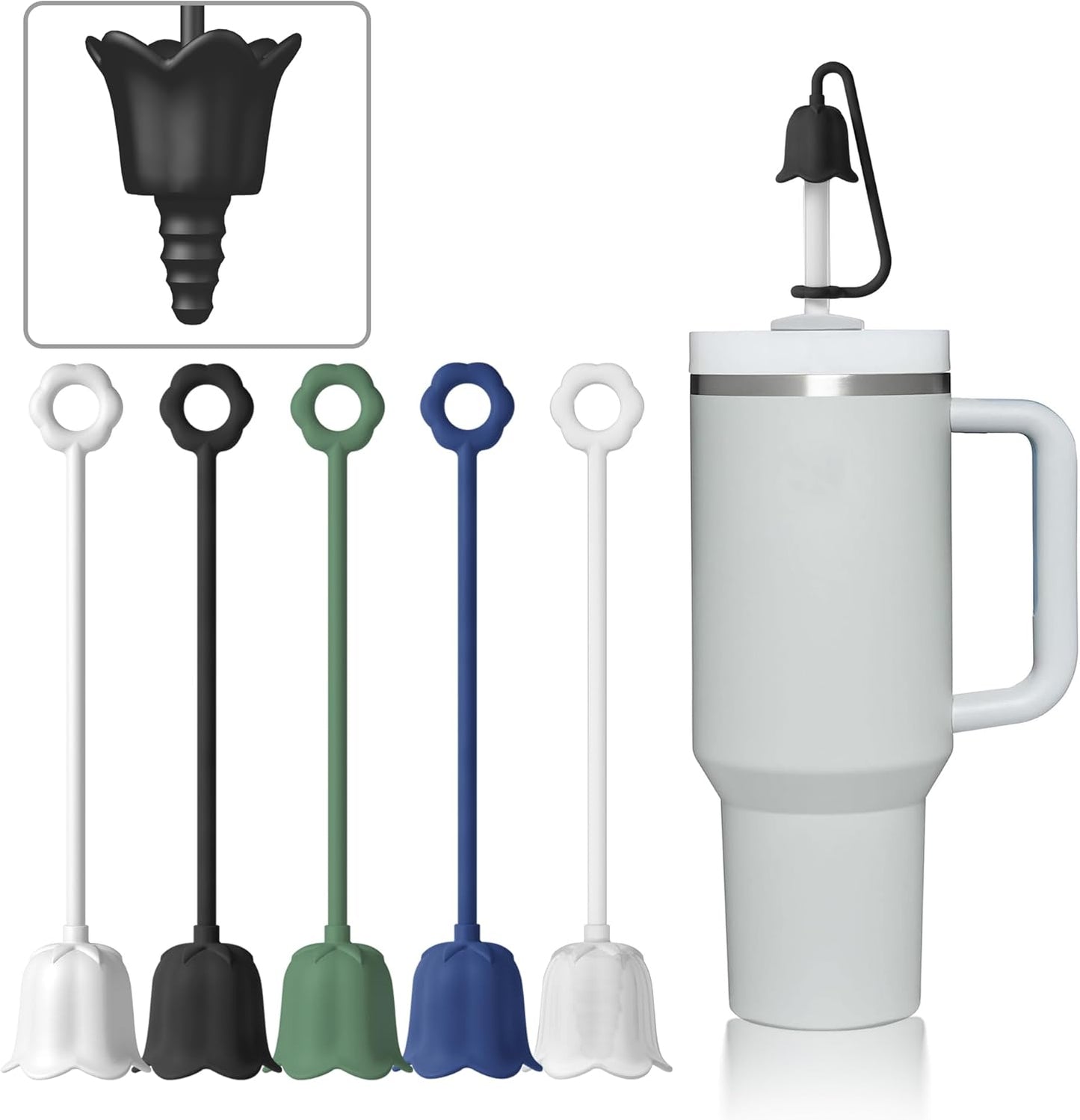 5Pcs Silicone Straw Cover Cap for Stanley Tumbler Cup, Reusable Drinking Straw Covers Easy to Clean, Dust-Proof Flower Straw Topper Compatible for 6-10m/0.23-0.4inch Straws (Multi color C)