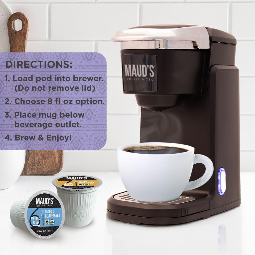 Maud's Organic Coffee Pods Variety Pack, 56 ct, 8 Assorted Flavors, Recyclable Single Serve Pods – 100% Arabica Coffee, Compatible with Keurig K Cups Maker