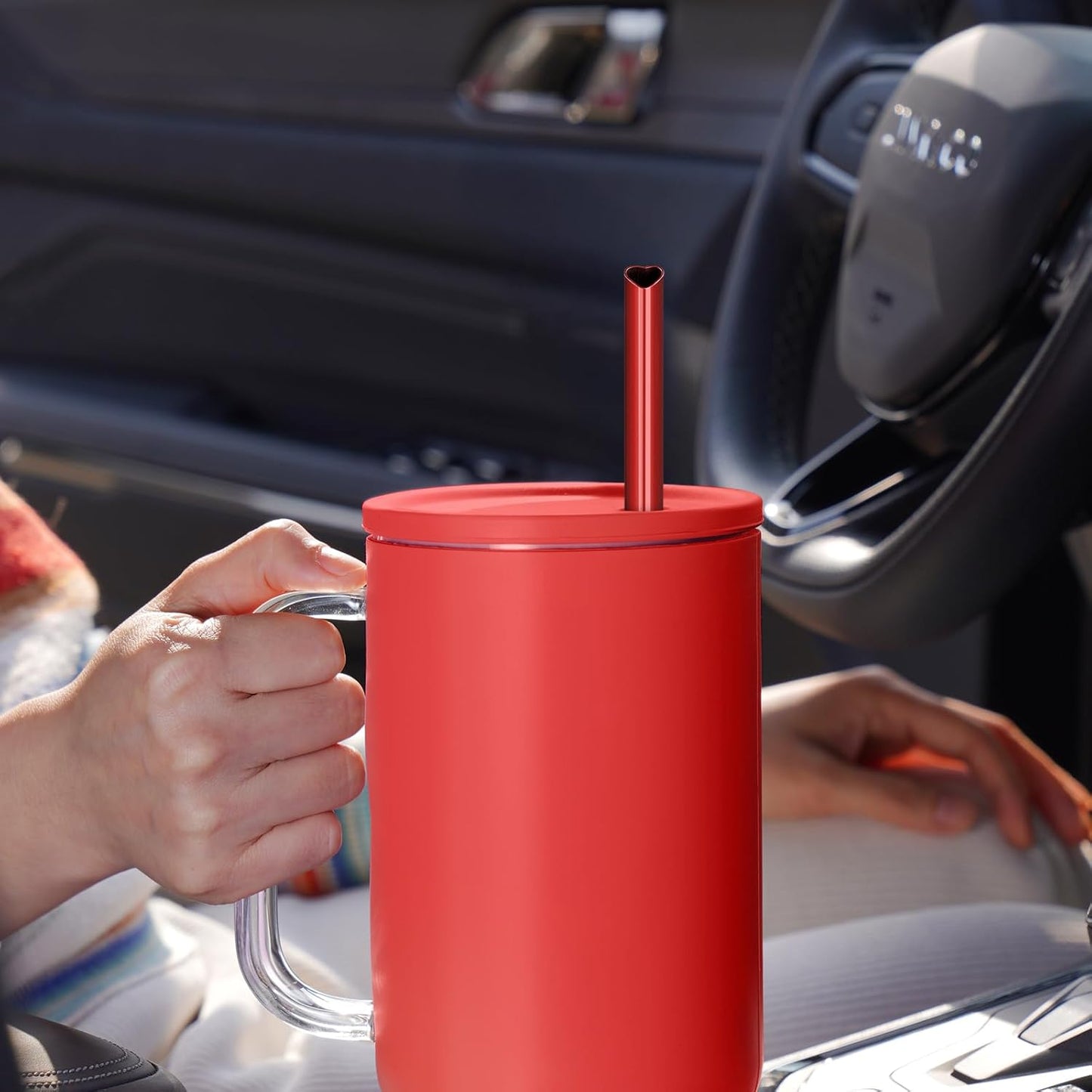 NiHome 10-Pack Heart-Shaped Stainless Steel Drinking Straws with 2 Cleaning Brushes, 12" Long Reusable Straws for Stanley Tumbler 30oz 40oz, Dishwasher Safe, Safe Edges for Kids (Pearl Red)