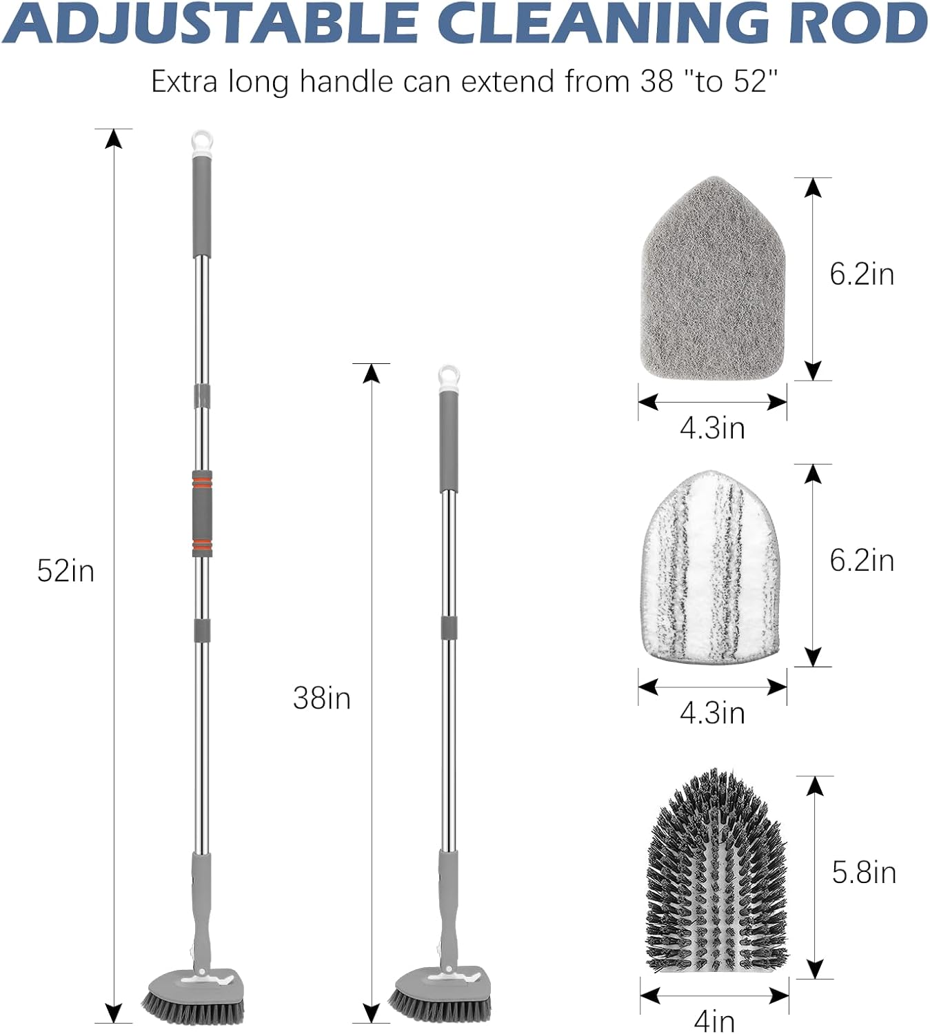 SetSail Floor Scrub Brush, 3-In-1 Tile Tub Floor Scrubber with 52-inch Adjustable Long Handle Shower Cleaner Brush and 4 Detachable Replacement Brush Heads for Cleaning Bathroom Kitchen Tub Tile, Grey