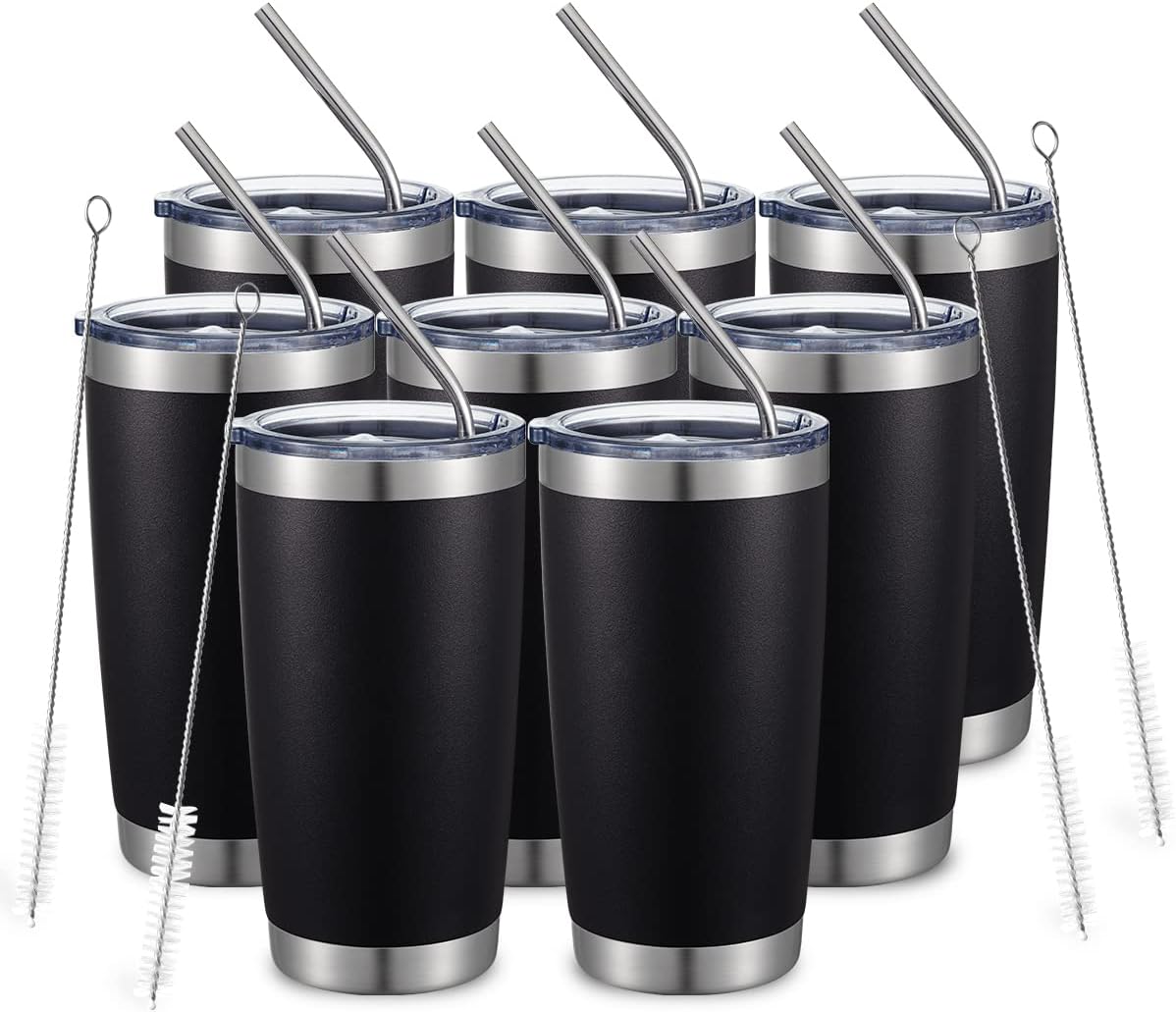 COMOOO 20oz/8Pack Black Tumbler Double Wall Vacuum Insulated Coffee Travel Mug Stainless Steel Tumbler with Lid and Straw Coffee Cup for Cold Drinks & Hot Beverage, Home and Outdoor (Black, 8 Pack)