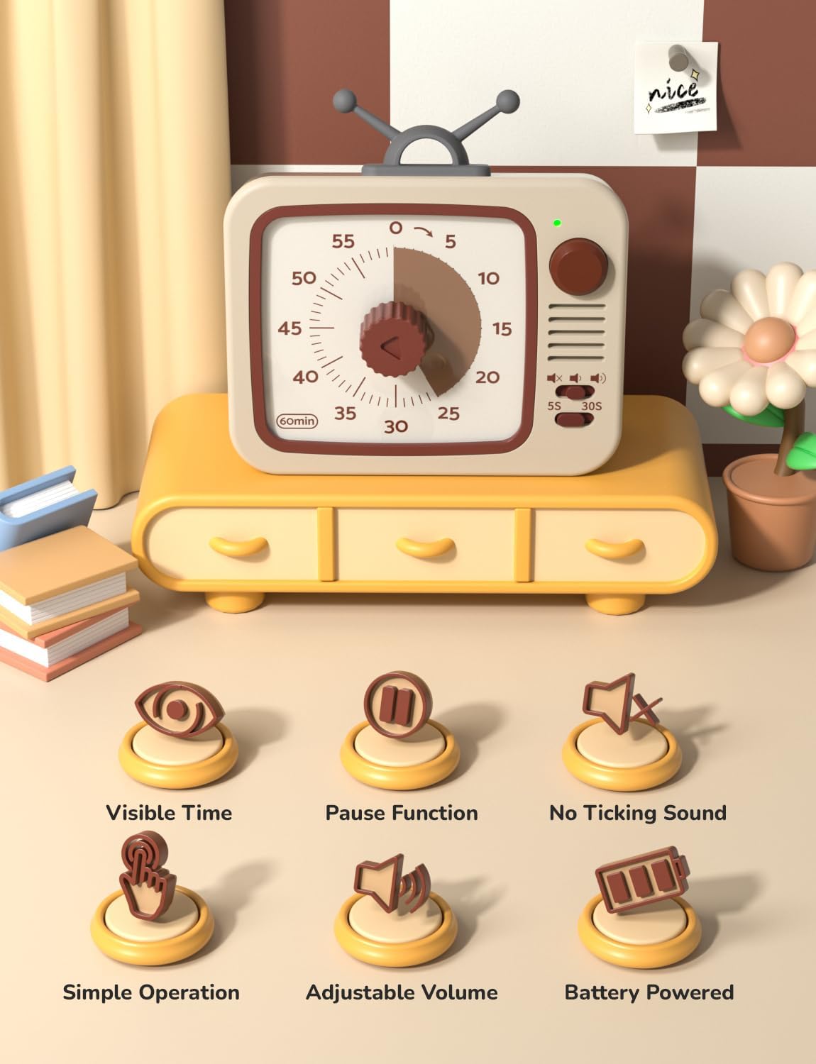 LIORQUE Visual Timer for Kids, 60-Minute Countdown Timers for Classroom Office Kitchen with Silent Operation, Kids Timer for Teaching with Cute Design