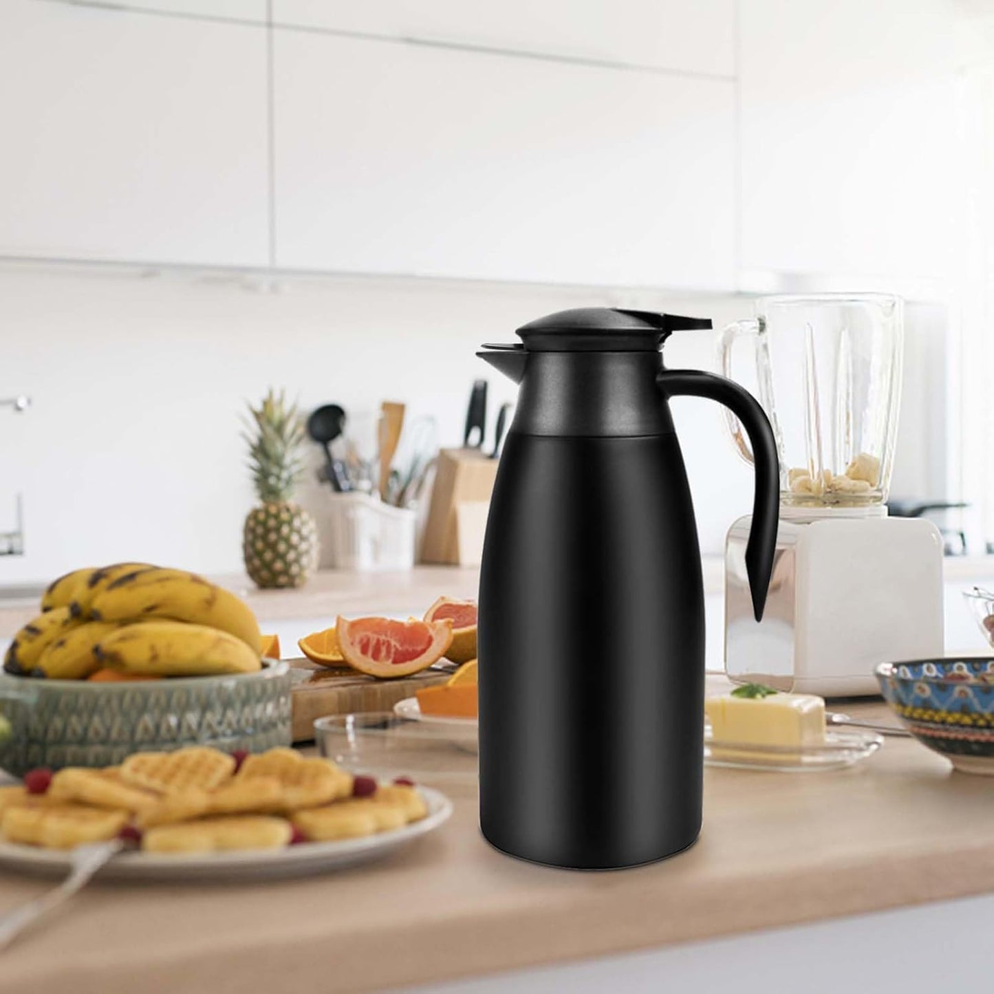 68oz Thermal Coffee Carafe, Stainless Steel Coffee Carafes for Keeping Hot, Airpot Insulated Tea Pot Dispenser for Hot Water, Tea, Hot Beverage - Keep 12 Hours Hot, 24 Hours Cold, Black