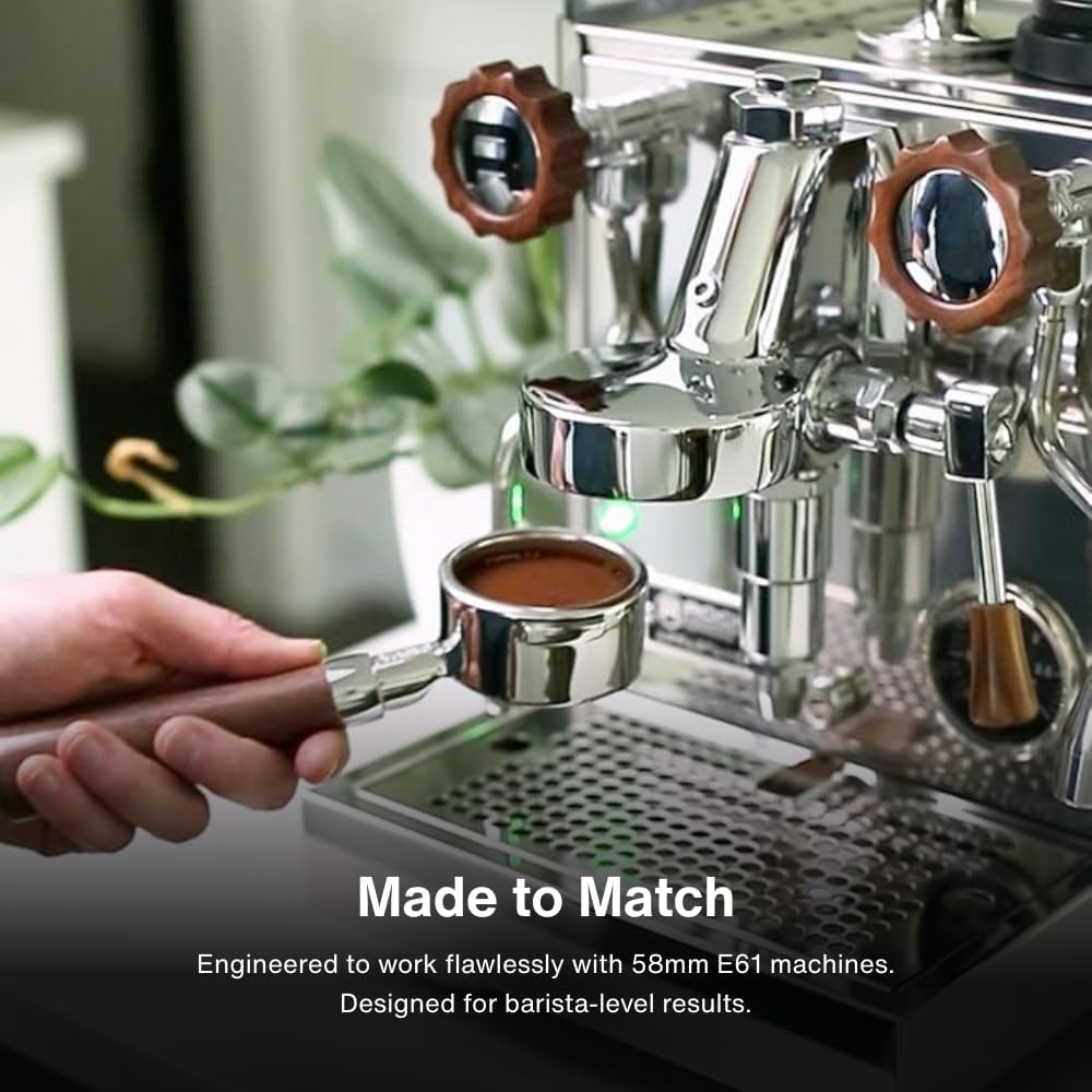 Crema Coffee Products 58mm Bottomless Naked Portafilter | Compatible with 58mm for E61 | Includes Double Shot Filter Basket | Olivewood