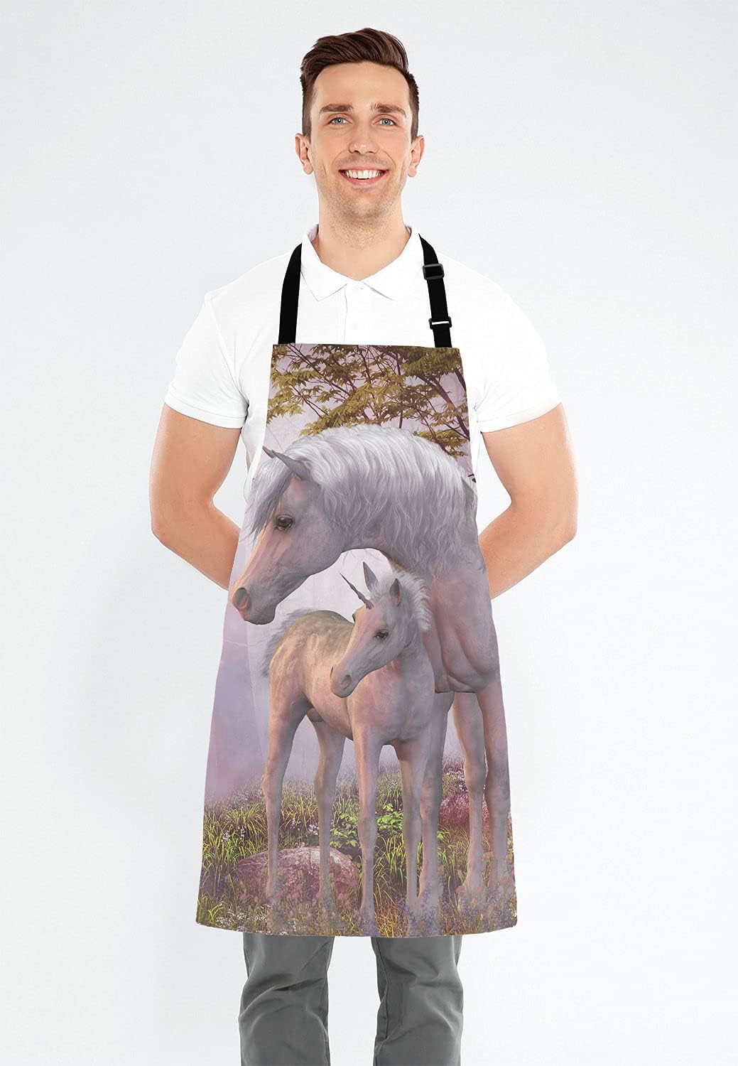 Fantasy Unicorn Adjustable Bib Apron,Unicorns Mare and Foal Cooking Kitchen Apron for Men Women