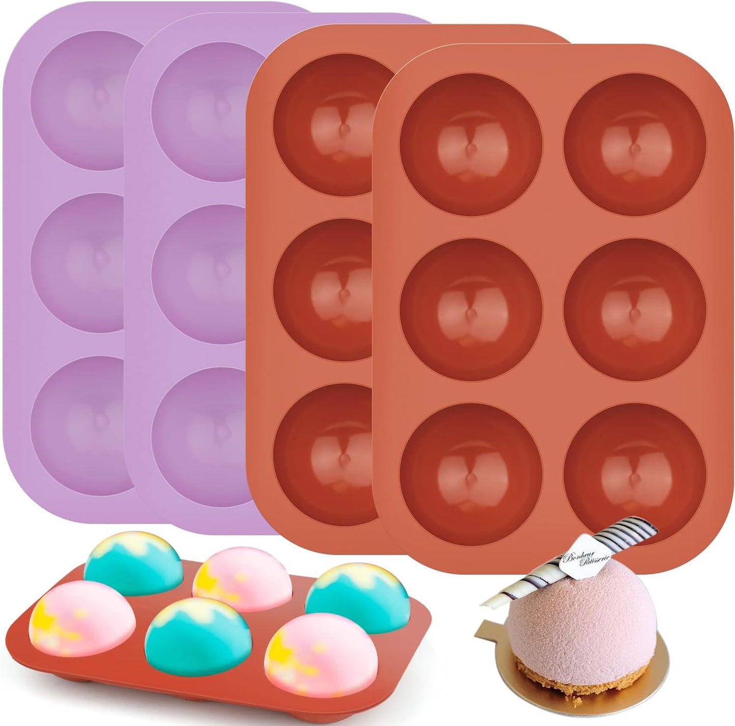 4Pack 6-Cavity Semi Sphere Silicone Mold, Baking Mold for Making Hot Chocolate Bomb, Cake, Jelly, Dome Mousse ((2Pcs Purple + 2Pcs Red))