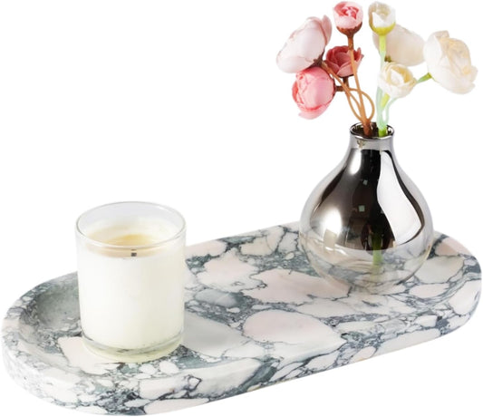 Koville Natural Marble Tray for Bathroom Countertop, Marble Vanity Trays for Perfume, Cosmetics, Jewelry, Decorative Tray for Dresser Organizer, Stone Storage Trays for Bathroom Decor(Grey)