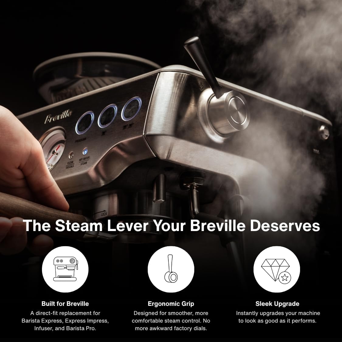 CREMA Coffee Products Replacement Steam Lever for Breville Espresso Machines |Ergonomic Stainless Steel Design|Compatible with Barista Express, Infuser, Barista Pro|Easy Grip|Black/Silver Finish