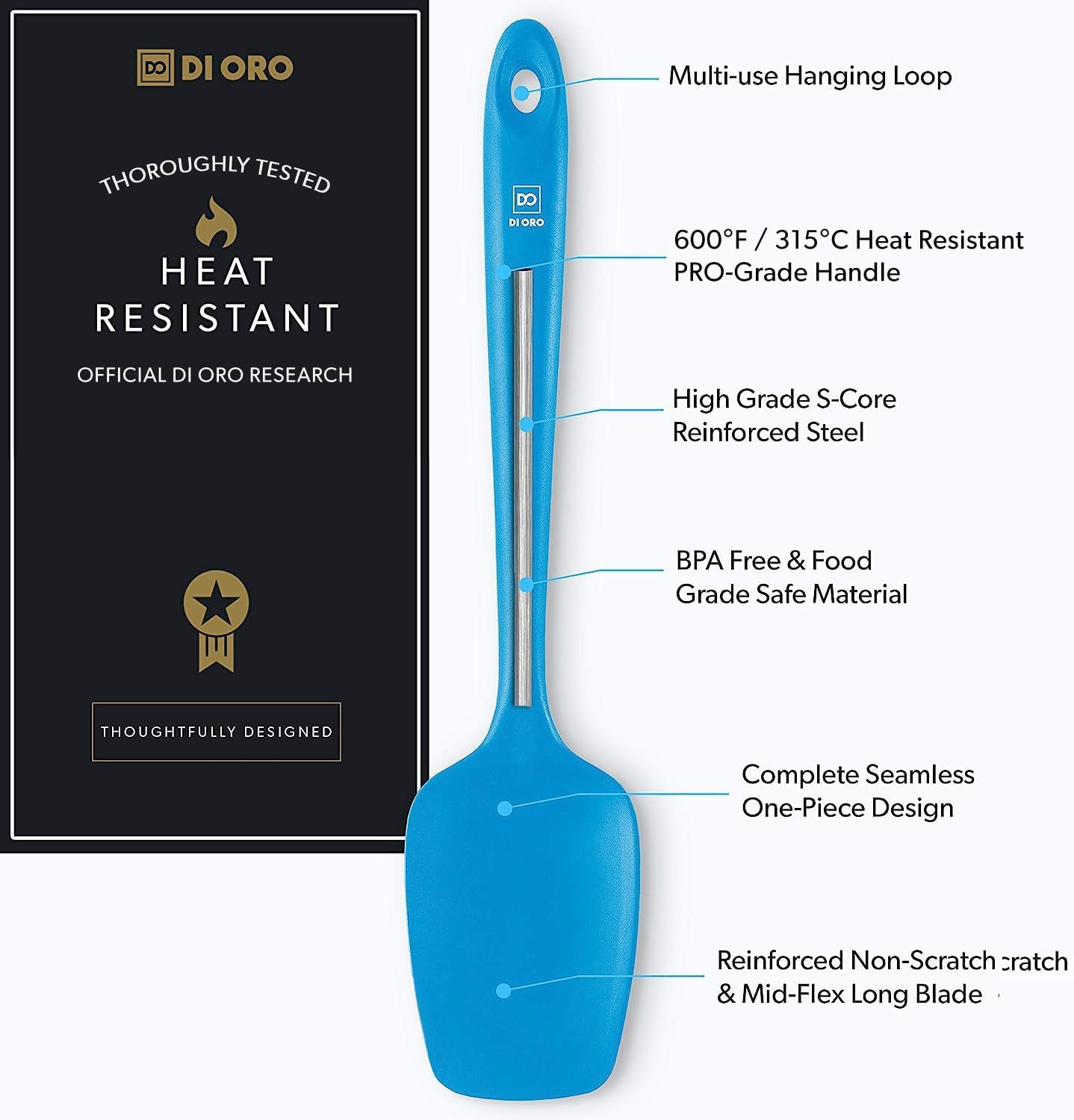 DI ORO Silicone Spoon Spatula - Forever Warranty - 600°F Heat-Resistant Large Silicone Spoonula Scraper - BPA Free Nonstick Cookware Safe Rubber Kitchen Utensil for Baking, Cooking, & Mixing (Blue)