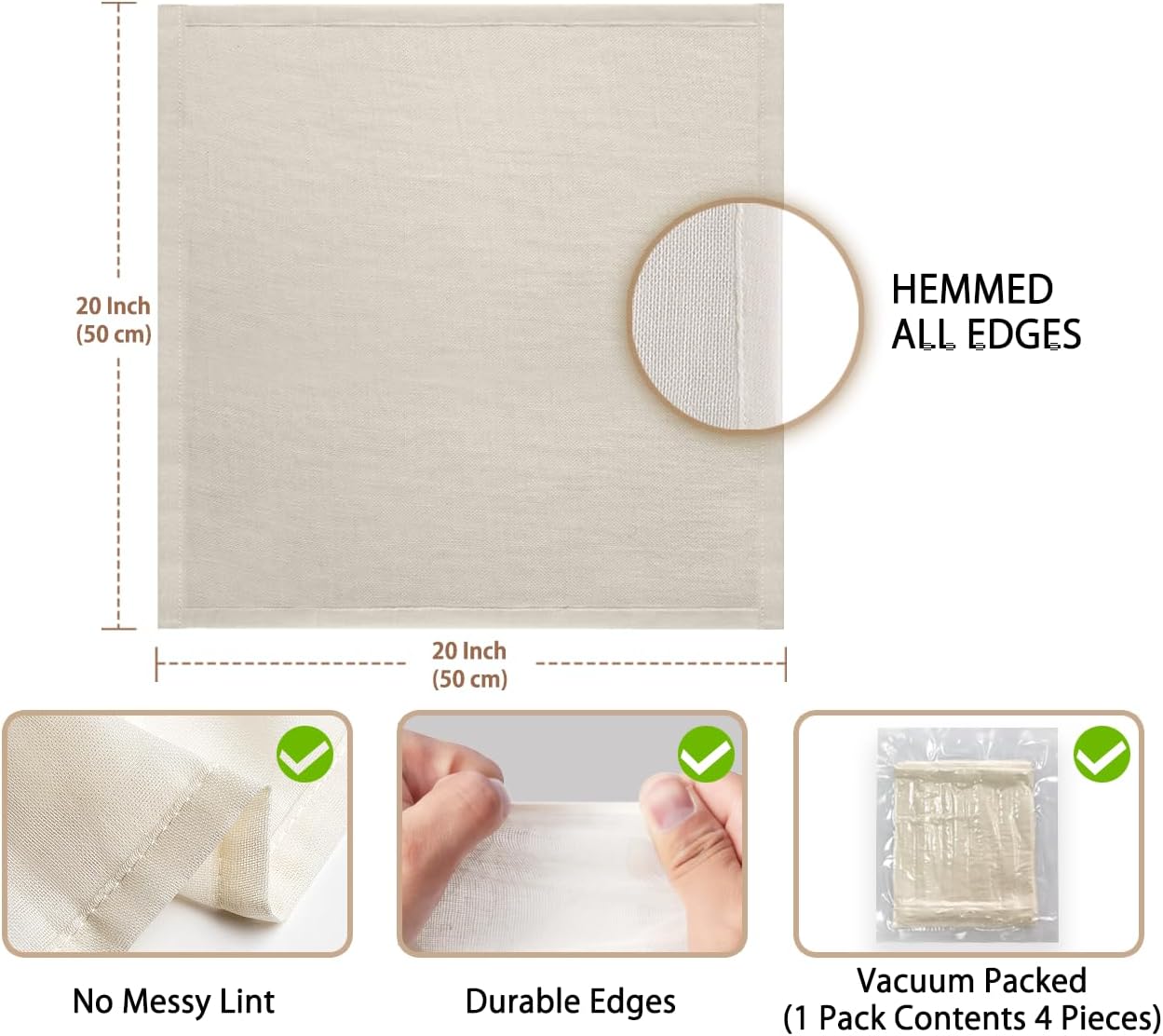 Olicity Cheese Cloths, 4PCS, Double-Layer, 20x20Inch, Reusable Grade 90 Cheese Cloth Bag for Straining, Hemmed Unbleached Cotton Precut Fine Mesh Muslin Cheesecloth for Brew, Jelly, Yogurt