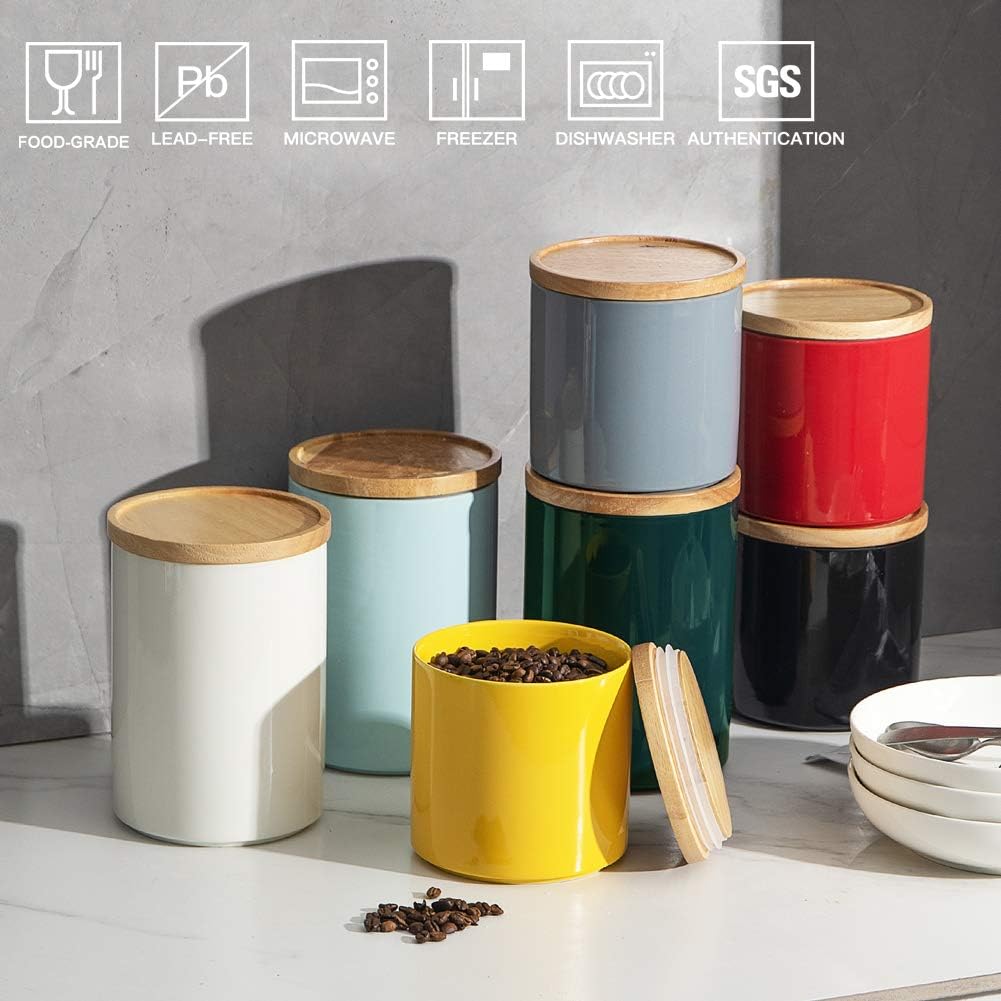 Sweejar Kitchen Canisters Ceramic Food Storage Jar Set, Stackable Containers with Airtight Seal Wooden Lid for Serving Ground Coffee, Tea, Herbs, Grains, Sugar, Salt - Set of 4 (Black)