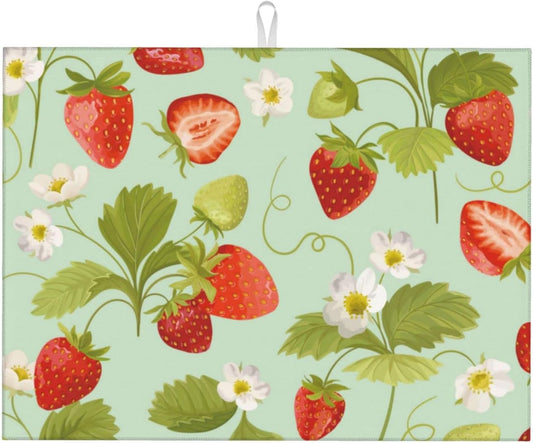 Large Dish Drying Mats For Kitchen Counter Microfiber Kitchen Drying Mat XL Draining Pad Absorbent Quick Drying Dish Mat 18x24 Inch - Strawberry