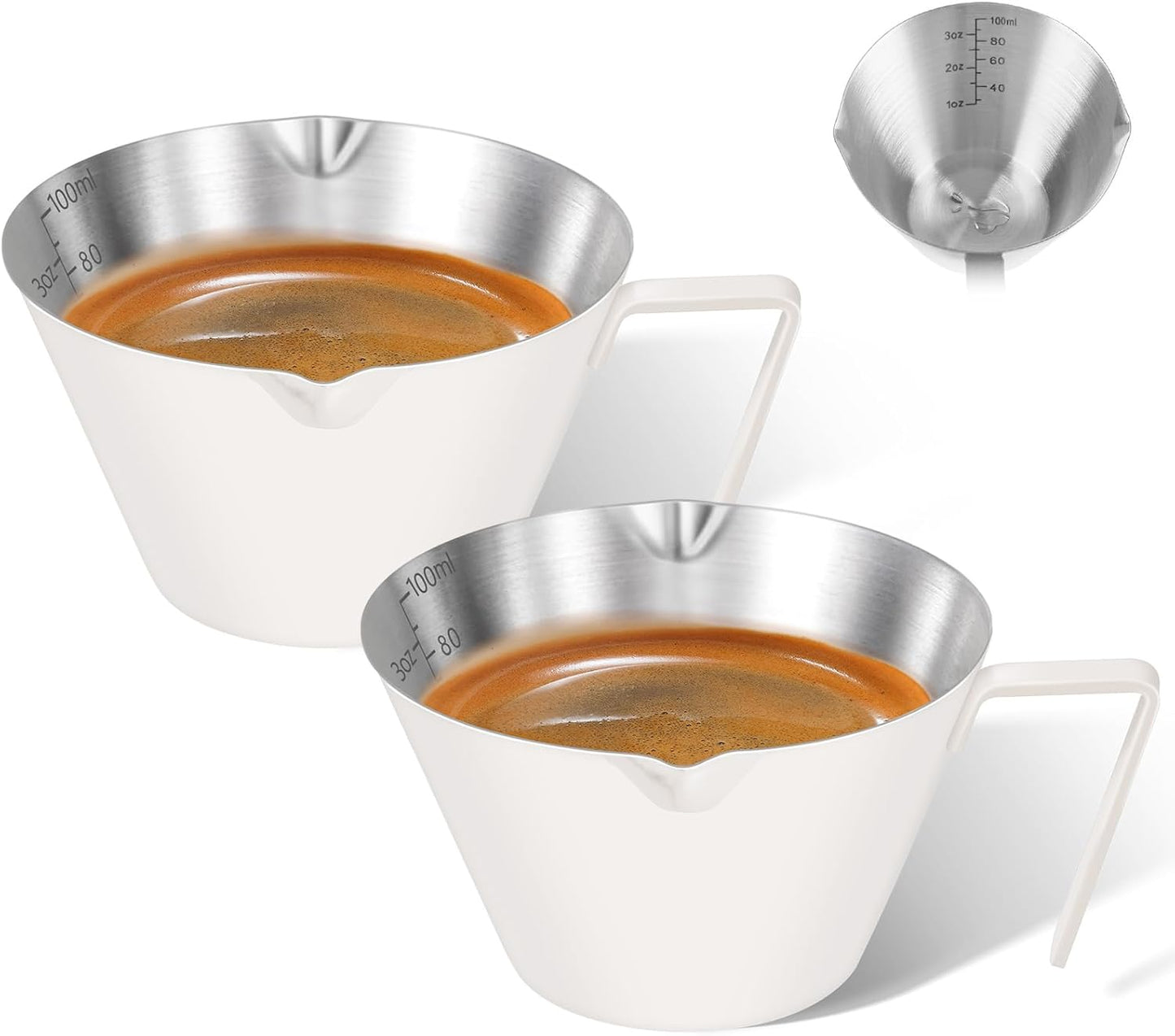 2 Pcs Espresso Cups with Handle, Double Spout Metal Measuring Cup with Dual Scale, Stainless Steel Espresso Shot Cup with V-Shaped Mouth, 3.4oz/100ml(White)