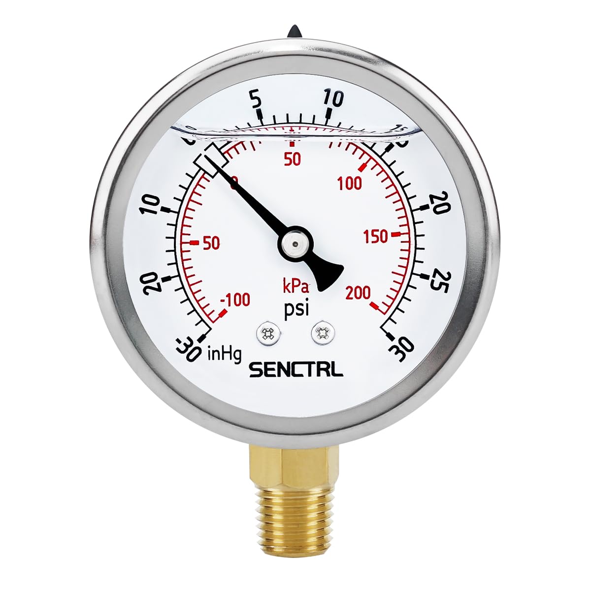 SENCTRL 30 inHg to 30 Psi Vacuum Glycerin Liquid Filled Low Pressure Gauge, 2.5" Dial Size, 1/4" NPT Lower Mount, Stainless Steel Case, for Air Conditioning Manifolds, HVAC, Air Pump Vacuum Test