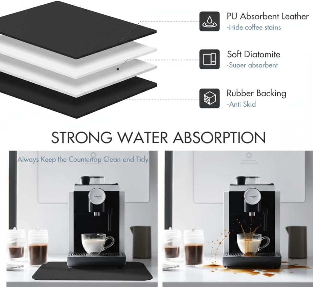 Dish Drying Mat Super Absorbent – 12" x 18" Coffee Mat for Countertops – Non-Slip Drying Mat for Kitchen Counter – Easy to Clean Water Absorbent Mat – Quick Dry Dish Drying Mats (Black)