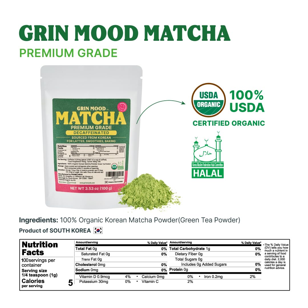 GRIN MOOD Matcha Powder Organic Green Tea Powder - Decaffeinated Green Tea, Authentic Korean Matcha, Halal (3.53oz, Premium Grade)