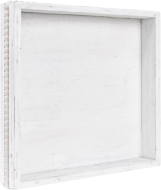Wooden Decorative Tray, Small Serving Tray with Wood Bead, Farmhouse Big Tray for Ottoman, Countertop, Coffee Tabl, 13" x 13"x 1.6" (Retro White)