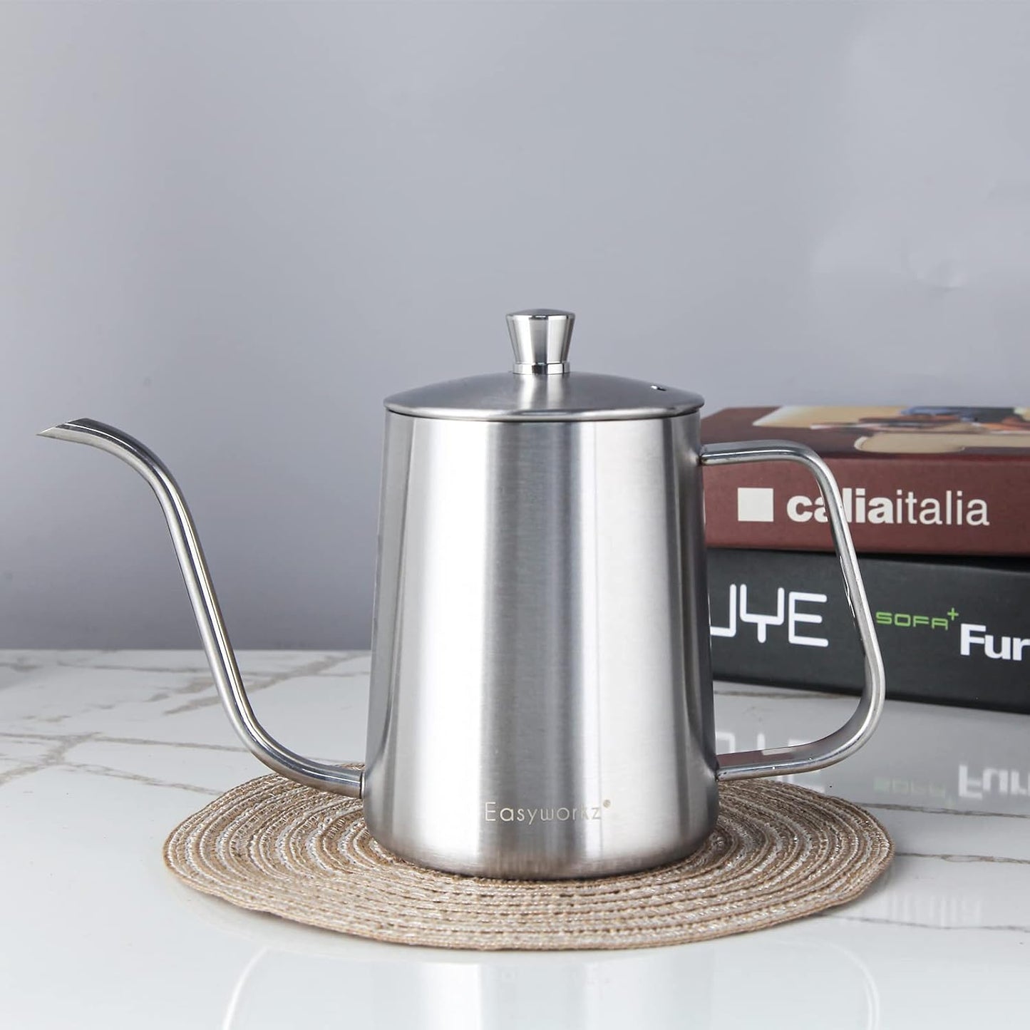 Easyworkz Gage Gooseneck Pour Over Coffee Kettle 12 oz Stainless Steel Hand Drip Long Narrow Spout, Silver