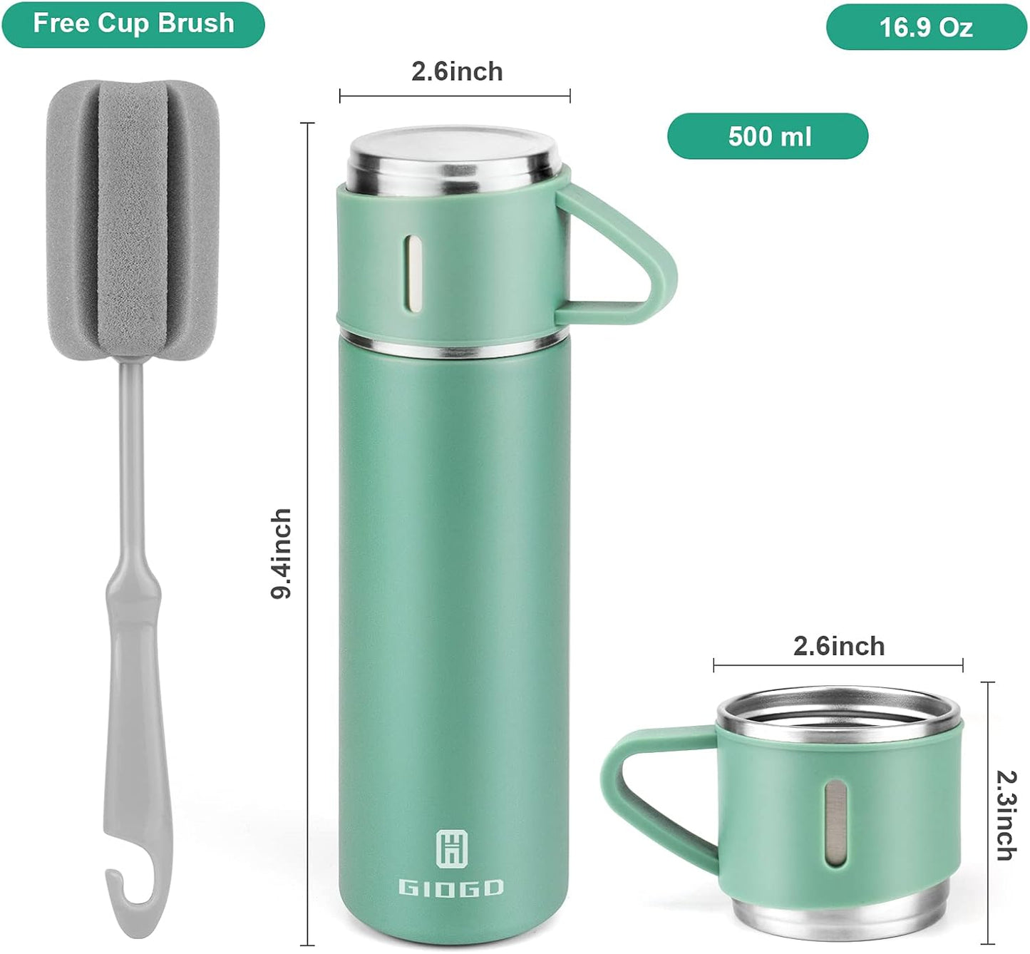 Stainless Steel Thermo 500ml/16.9oz Vacuum Insulated Bottle with Cup for Coffee Hot drink and Cold drink water flask.(Green,Single)
