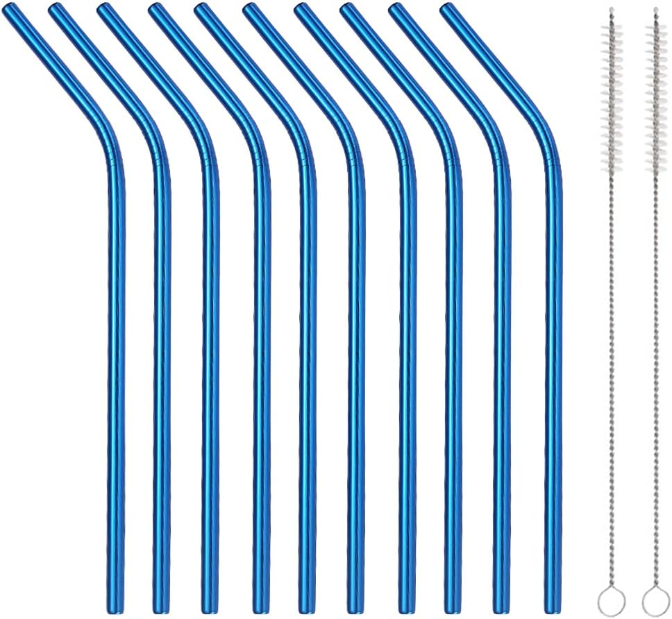 10 Pcs Stainless Steel Straws, Reusable Drinking Straws, Bent Metal Straw Sets with 2 Pcs Cleaning Brushes (Blue, 8.5 Inch)
