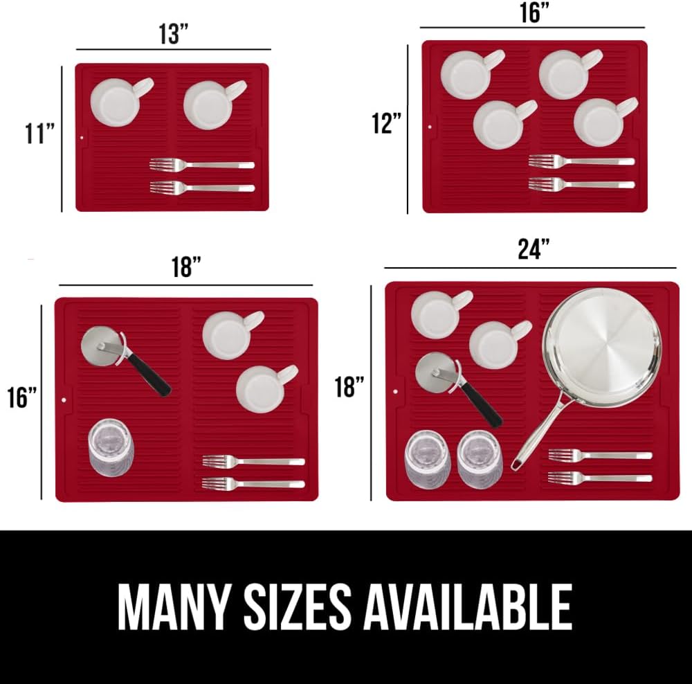GORILLA GRIP 100% BPA-Free Patented Silicone Dish Drying Mat for Kitchen Counter, Water Catching Ribbed Design, Easy Clean Waterproof Sink Liner, Heat Resistant, Fits Under Rack, 13x11 Inch, Red