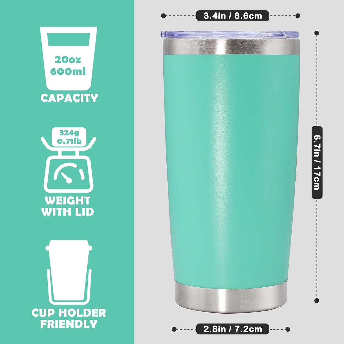20oz Tumbler Stainless Steel Tumbler Cup with Lid Vacuum Insulated Double Wall Travel Mug, Durable Powder Coated Travel Coffee Tumbler Mug for Hot & Cold Drinks, Light Blue,1 Pack