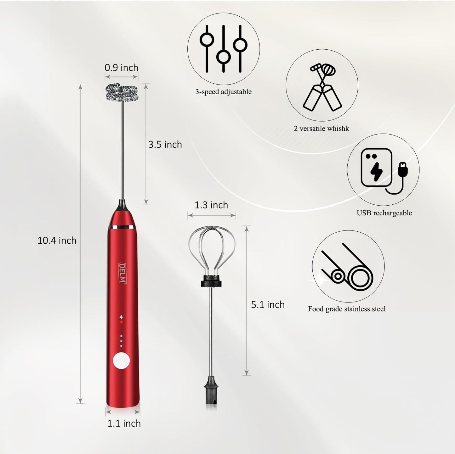 Delm Milk Frother Electric USB Stainless Steel Accessory - Frother Wand Foam Maker for Lattes - Milk Frother Handheld for Cappuccino, Frappe, Matcha, Hot Chocolate - Frother for Coffee (red)