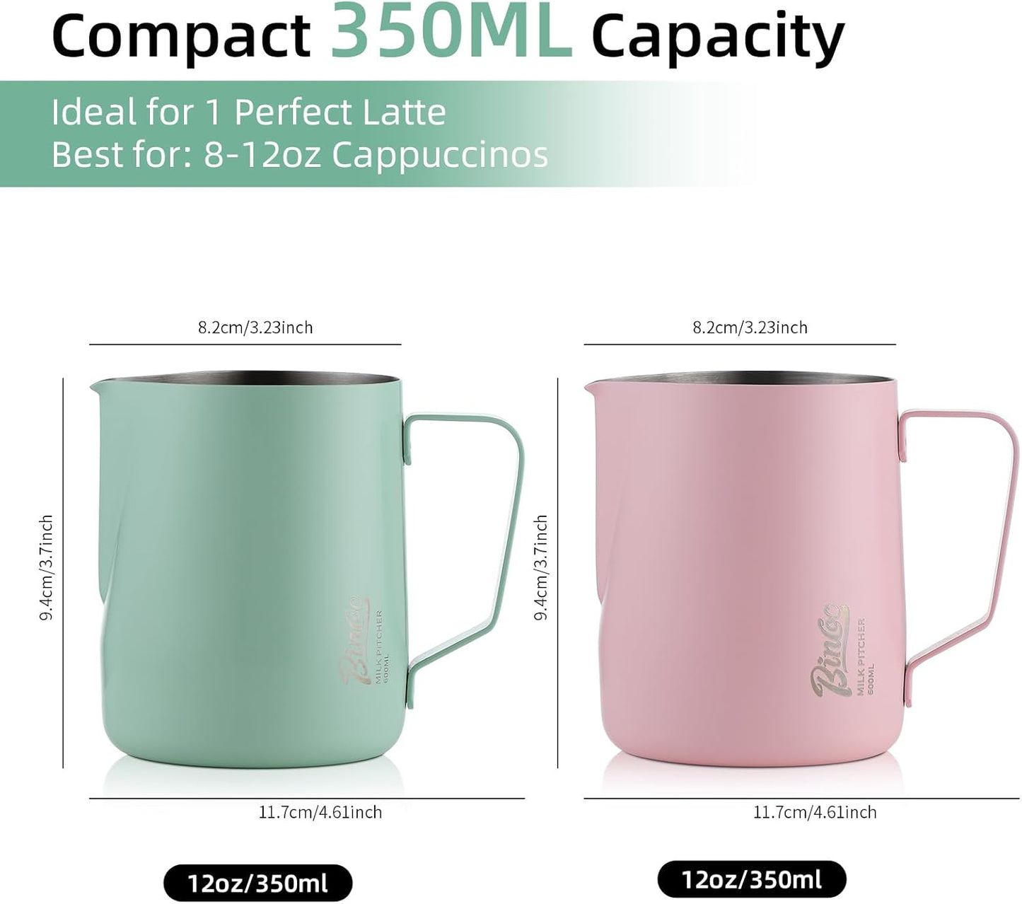 Pink Milk frother - 350ml/12OZ Milk Frothing Pitcher, Milk Frother Cup Espresso Steaming Pitcher for Barista, Bincoo 304 Stainless Steel Espresso Steaming Pitchers for Latte Art/Cappuccino/Coffee/Milk