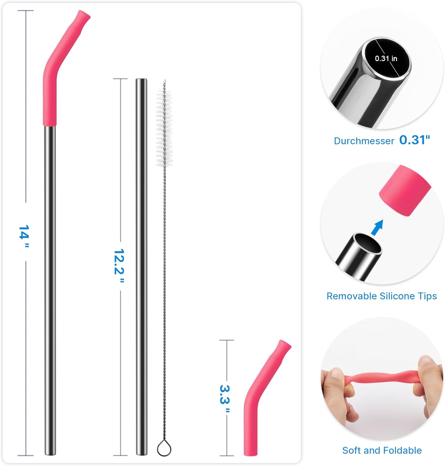 2 Pcs Stainless Steel Straws for 40 oz Stanley Tumbler, Replacement 40 oz Stanley Cup Straw Accessories with Silicone Tips and Cleaning Brush (Pink Dusk)