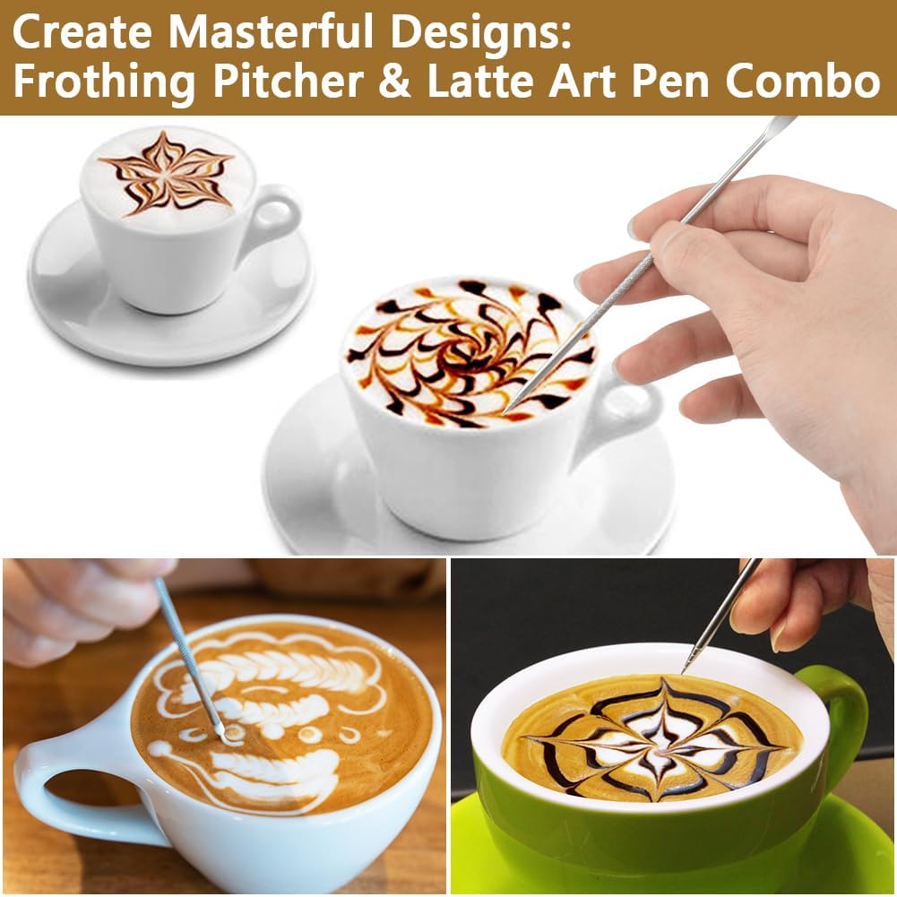 Frothing Milk Pitcher, 20 oz/600 ml Stainless Steel Frothing Milk Jug with Latte Art Pen,with Internal Measurements, for Cappuccino-White