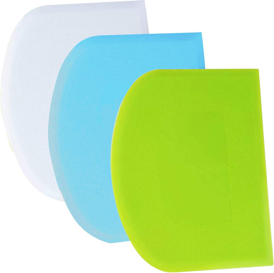 SURDOCA Dough Scraper Bench Scraper - 3P 7.1x4.9" Plastic Flexible Bowl Scraper, Sharp Edge & Angles Cake Scraper. Non-Slip Bakeware Decorating Tools Sculpting & Modeling Tools - Green+Blue+White