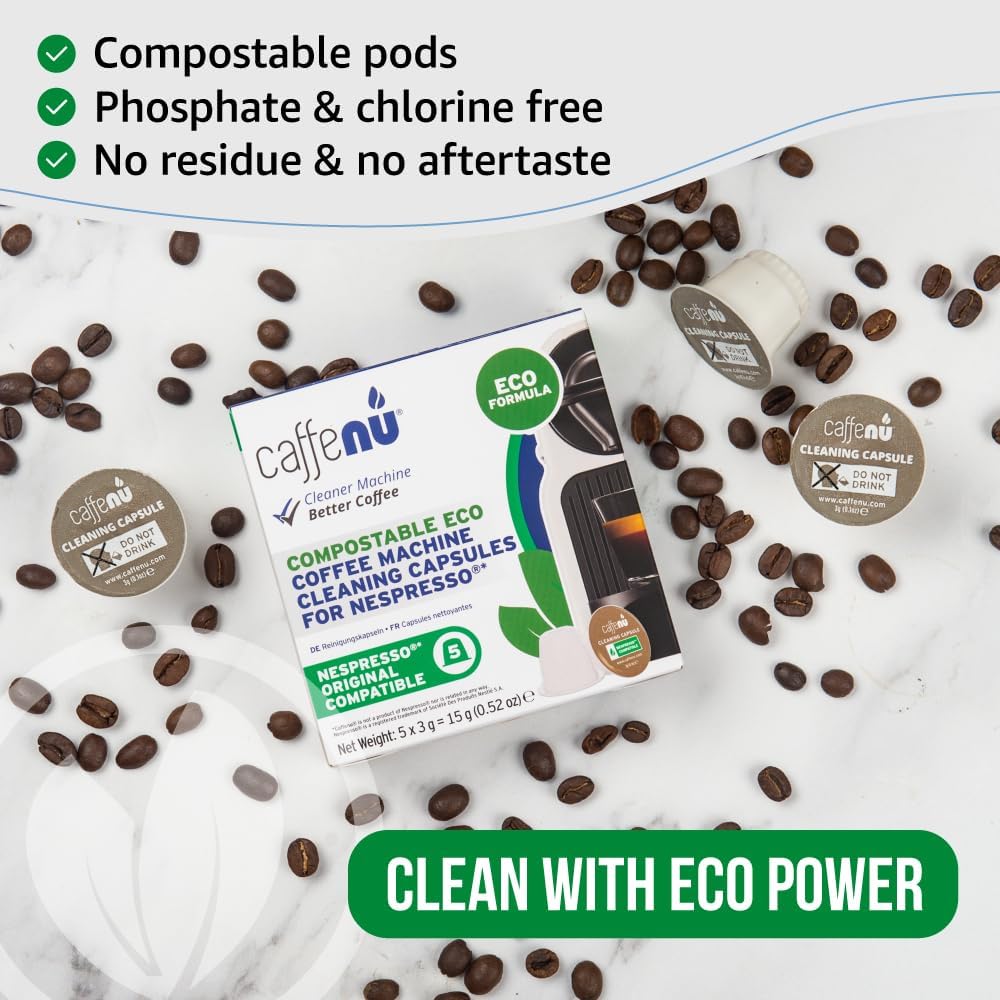 Nespresso Compatible Cleaning Pods. 5 Eco Cleaner Capsules. Improved Coffee Flavour. For Nespresso Originaline, Use with Descaling Kit.