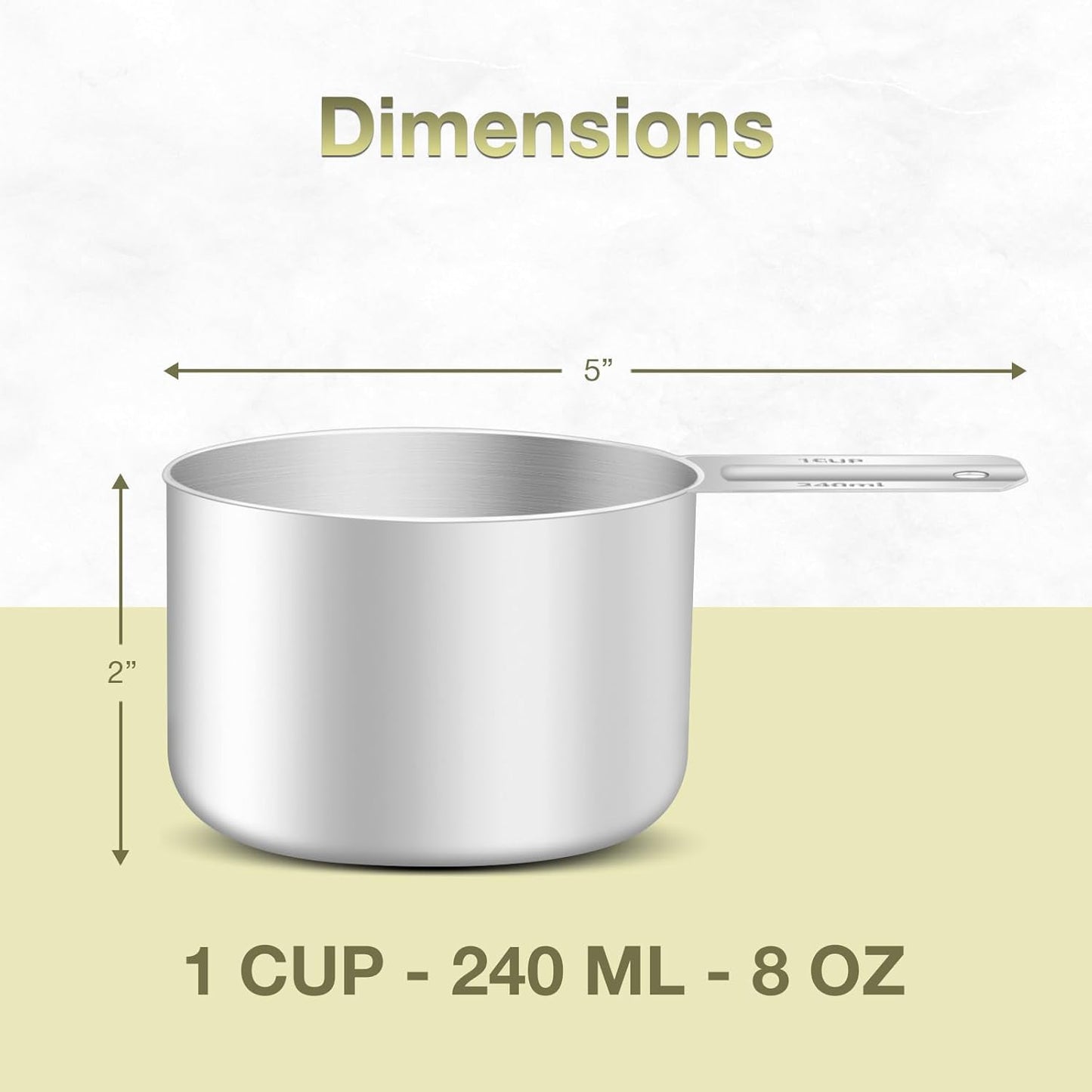 1PCS 1Cup (240ml, 8oz) Single Measuring Cup, Etched Inner Scale Stainless Steel Measure Scoop, Metric and US Measurement, Dishwasher Safe